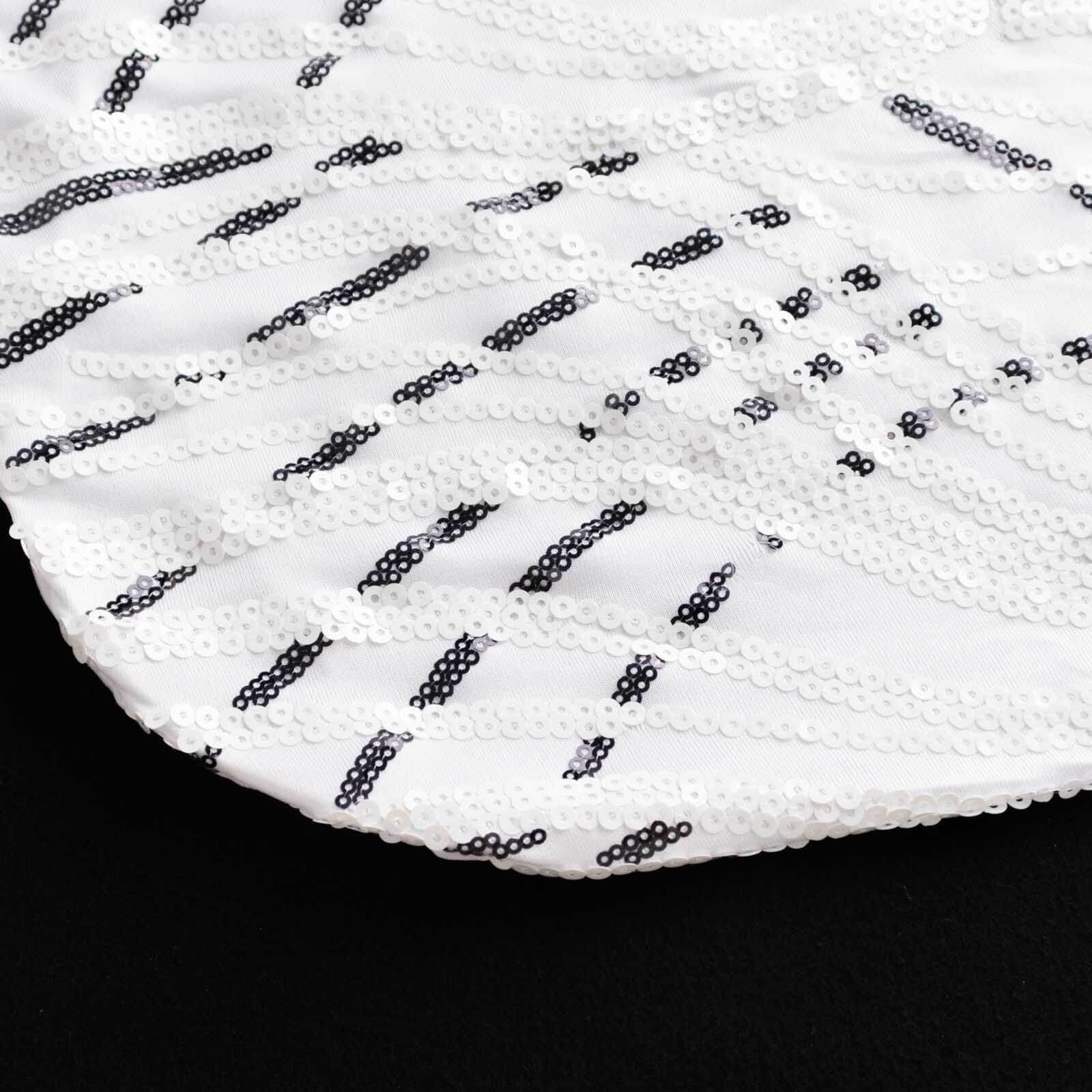Luxe Glittering Stretch Fitted Slipcover - Spandex Banquet Chair Cover with Wave - Embroidered Sequins in White/Black