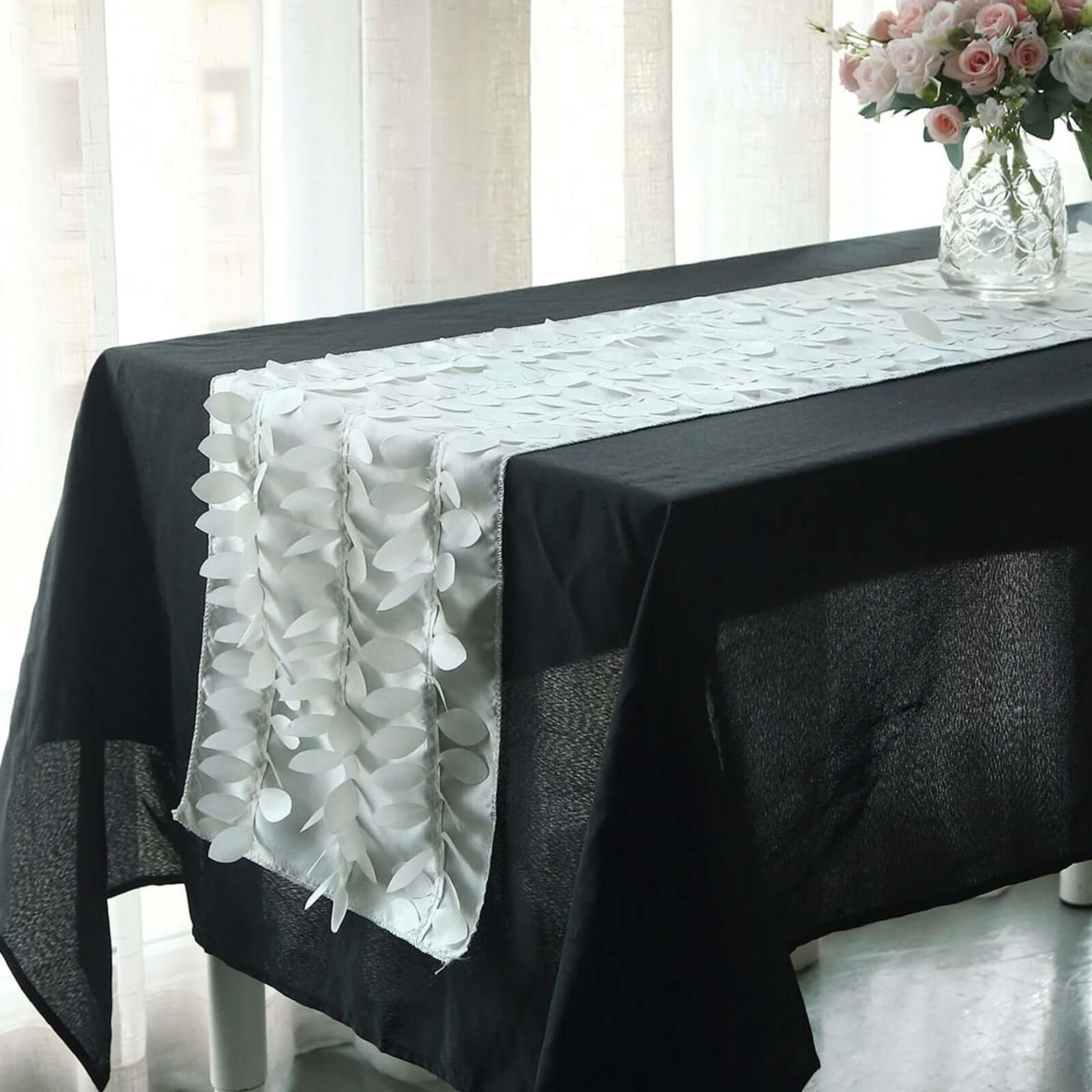 Hot! Ivory Taffeta Table Runner with 3D Leaf Petal Design, 12x108