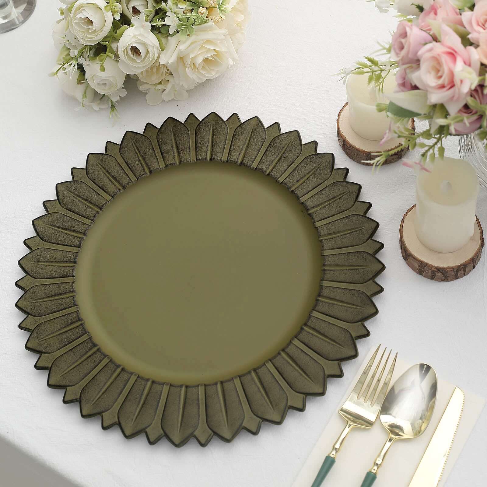 6-Piece Set of 13-Inch Matte Olive Green Plastic Round Charger Plates with Sunflower Rim