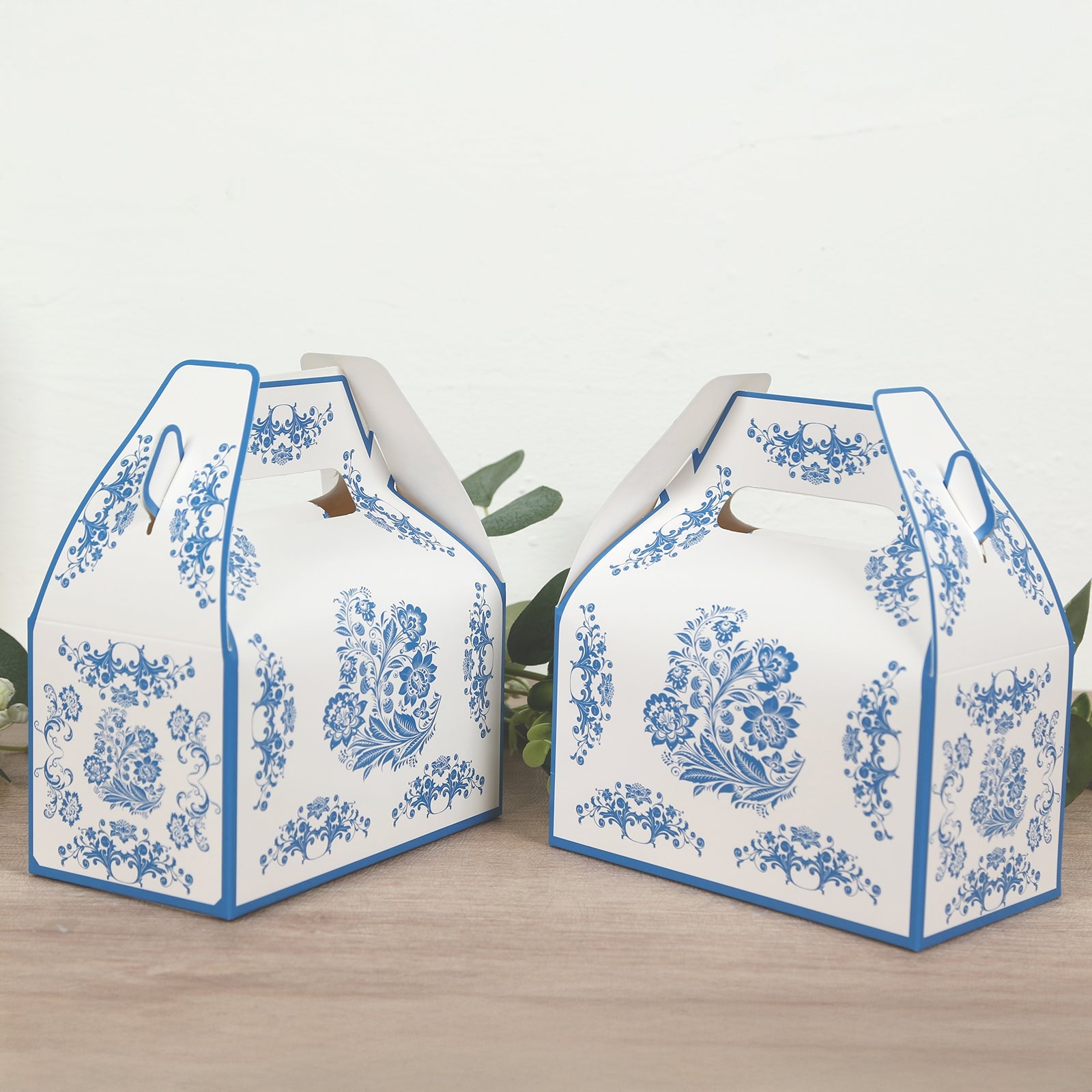 25-Pack White and Royal Blue Floral Damask Tote Gable Party Favor Candy Gift Boxes