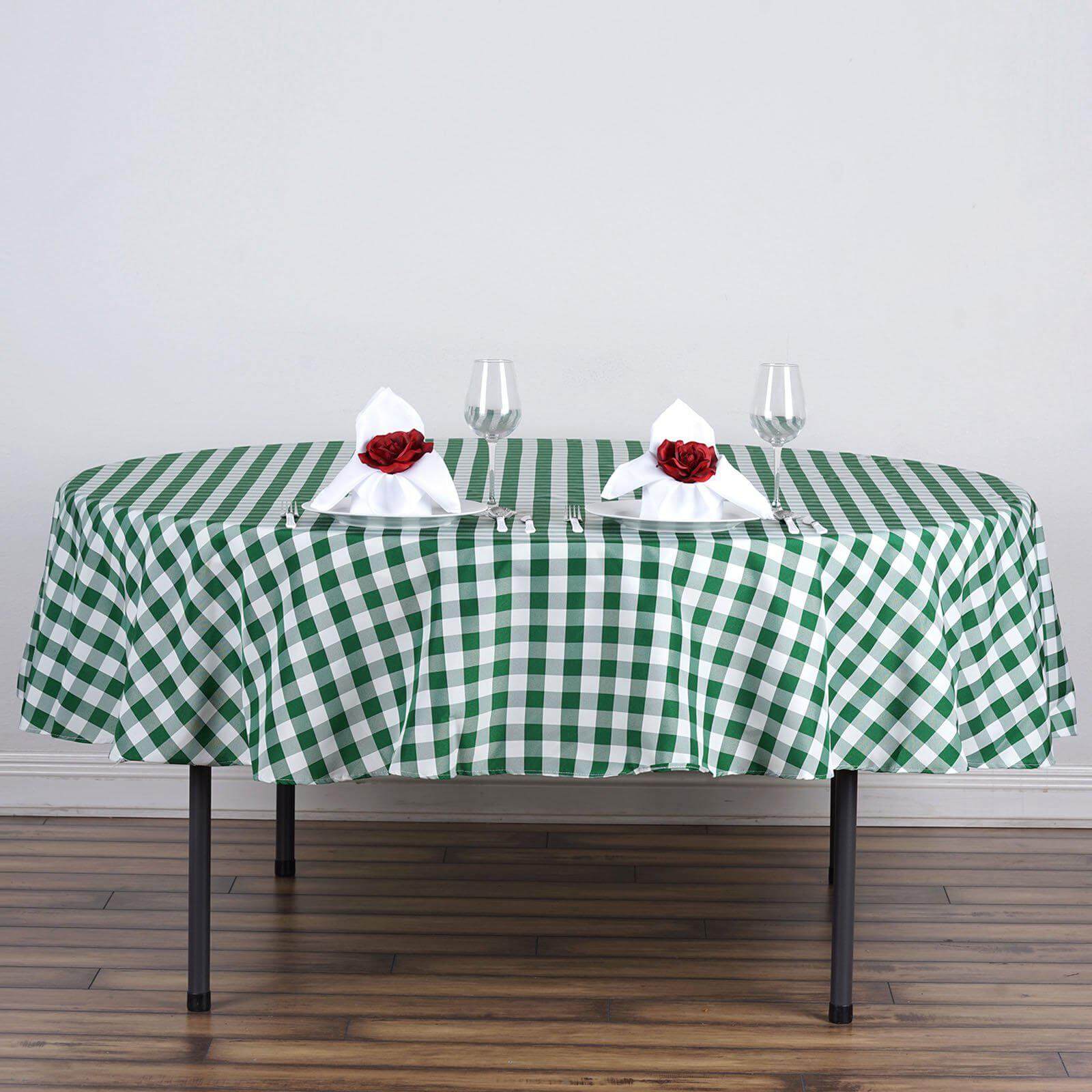 70-Inch Round Polyester Tablecloth in White and Green Checkered Buffalo Plaid