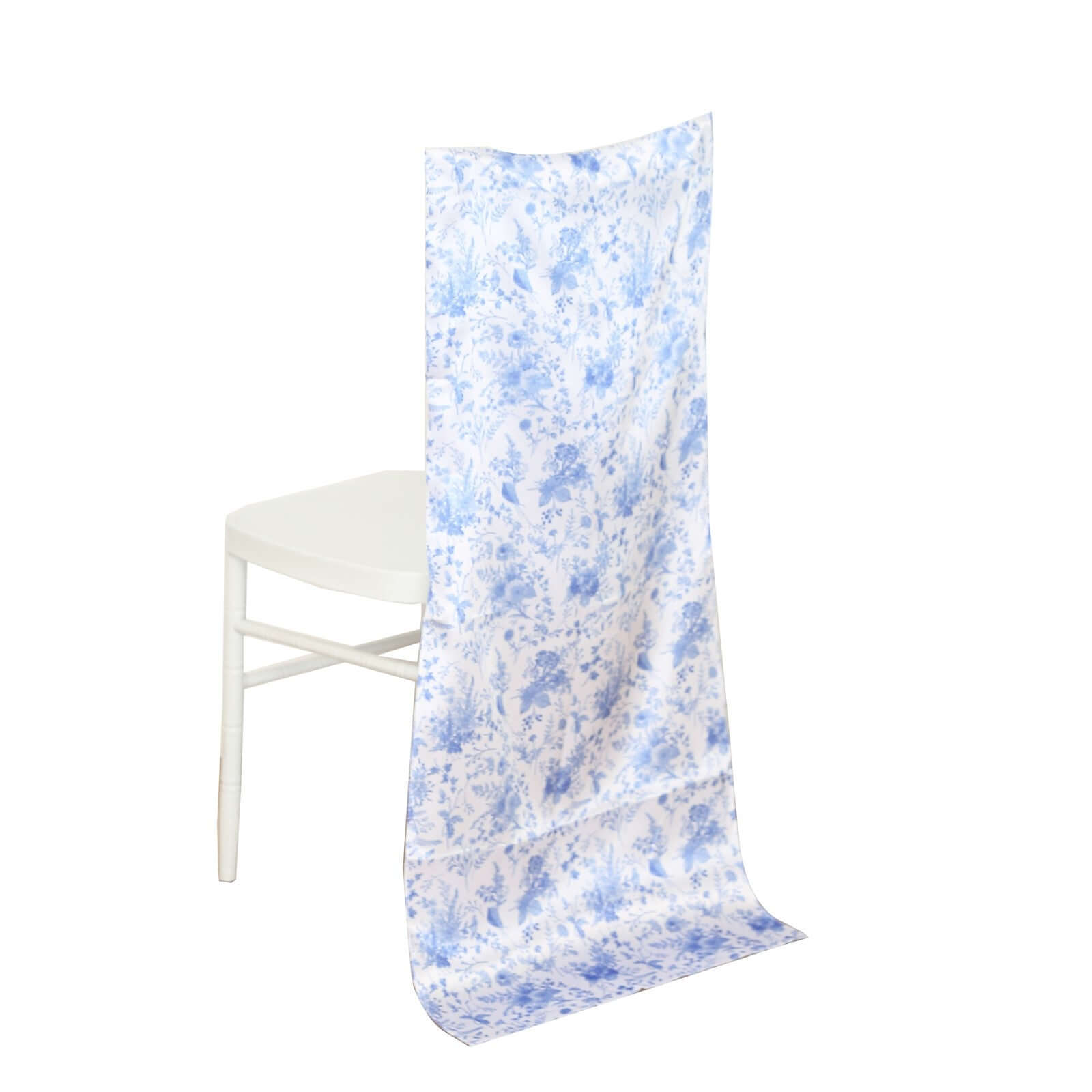 Hot! Satin French Toile Floral Slipcover for Chiavari Chairs in White/Blue - Ideal for Weddings