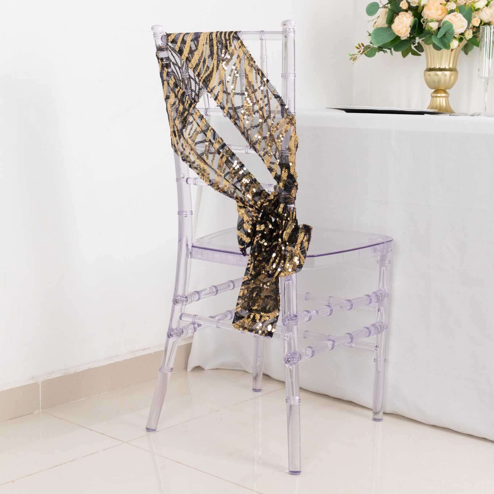 Set of 5 Black/Gold Wave Embroidered Sequin Chair Sashes - Elegant Wedding Decor
