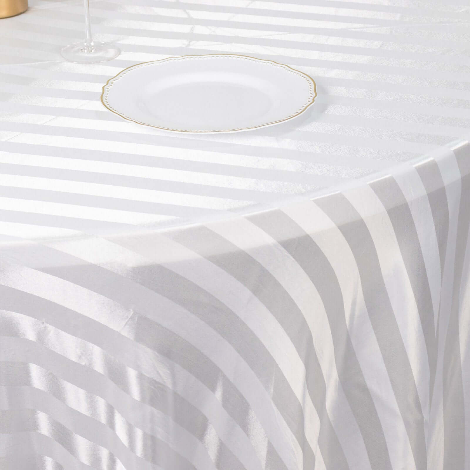 Silky Smooth Seamless White Satin Round Tablecloth with Glossy Stripes - Ideal for Weddings