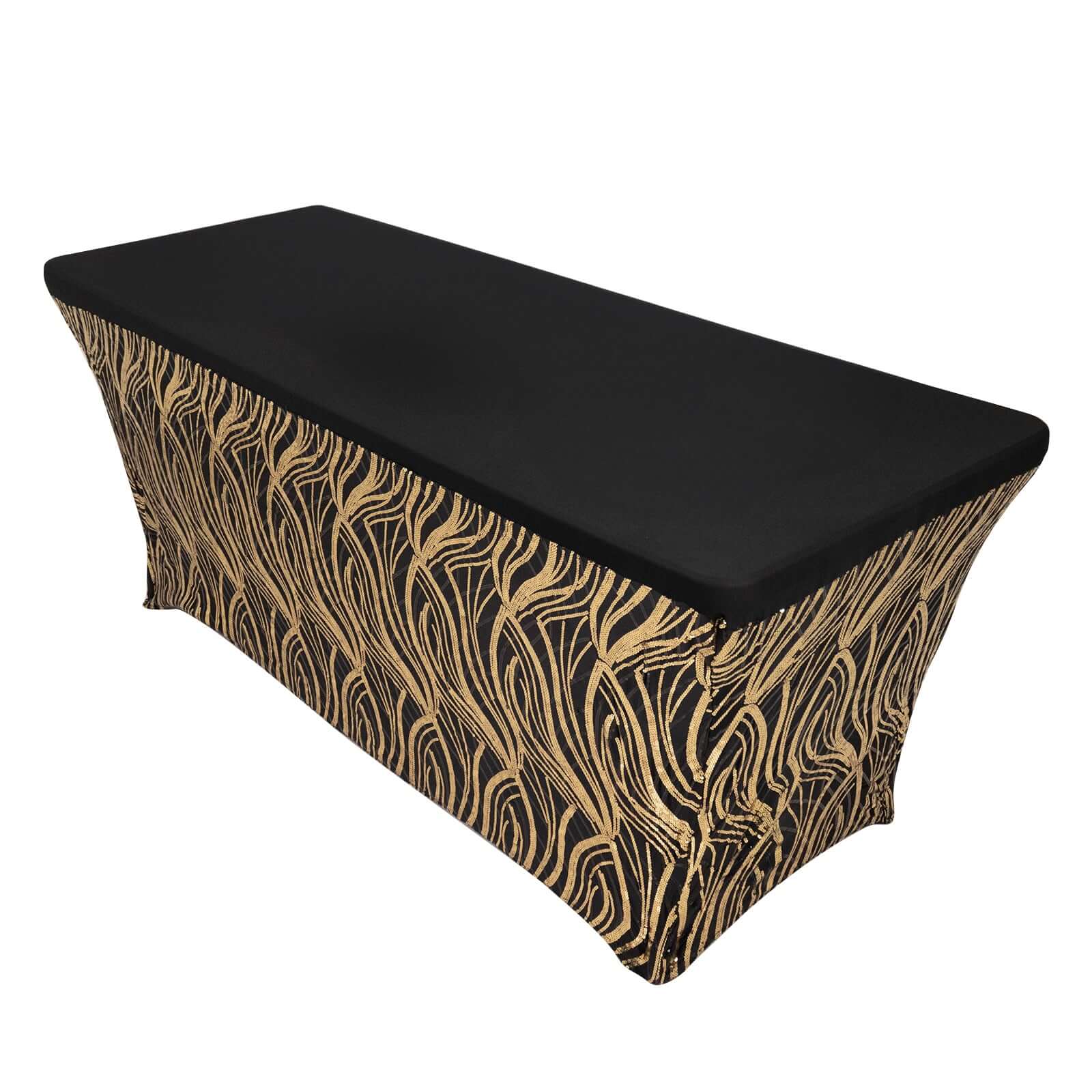 Black/Gold Wave Embroidered Four-Way Stretch Sequin Spandex Tablecloth for Luxe Events
