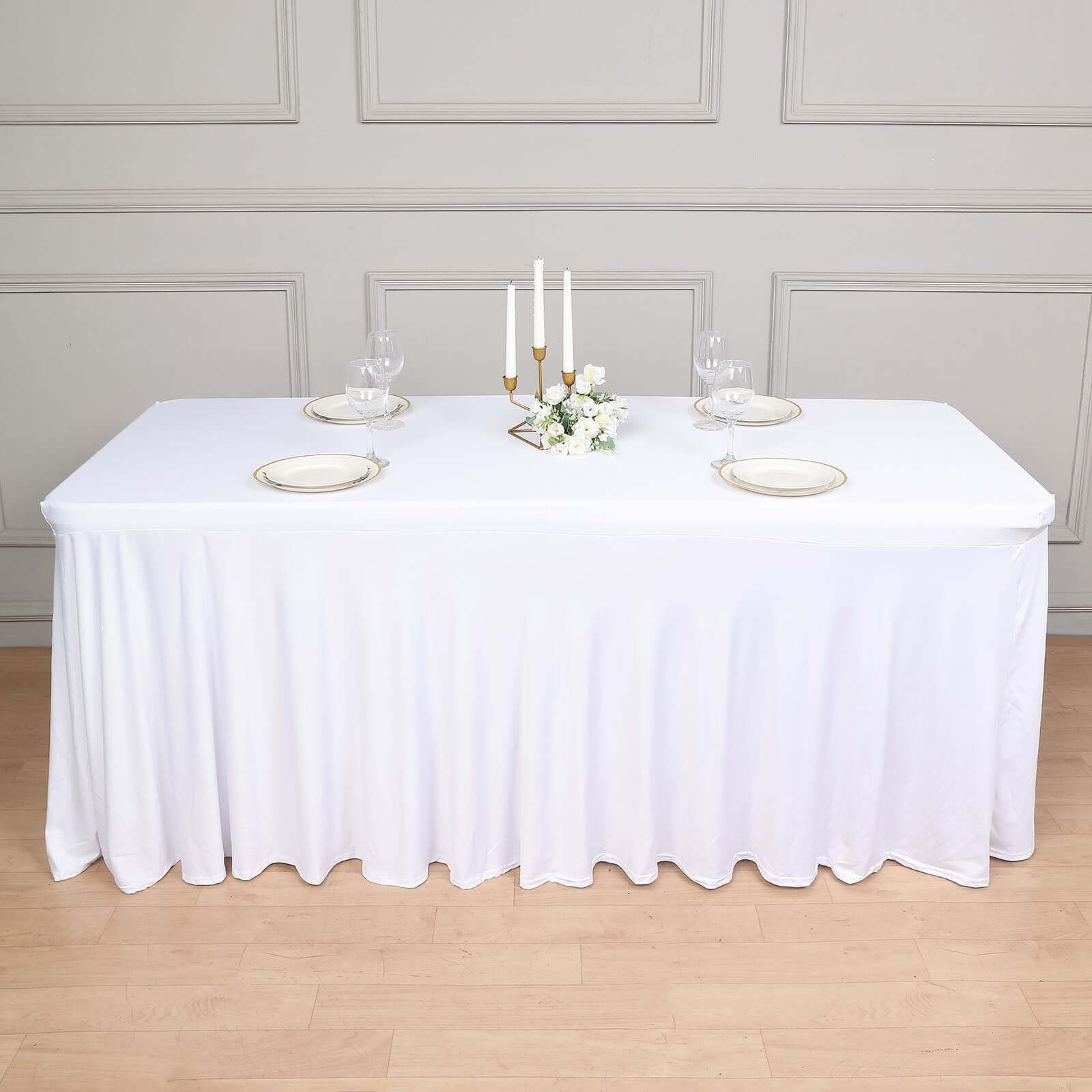 Stylish White Spandex Table Skirt with Wavy Effect for Weddings, Banquets & Trade Shows