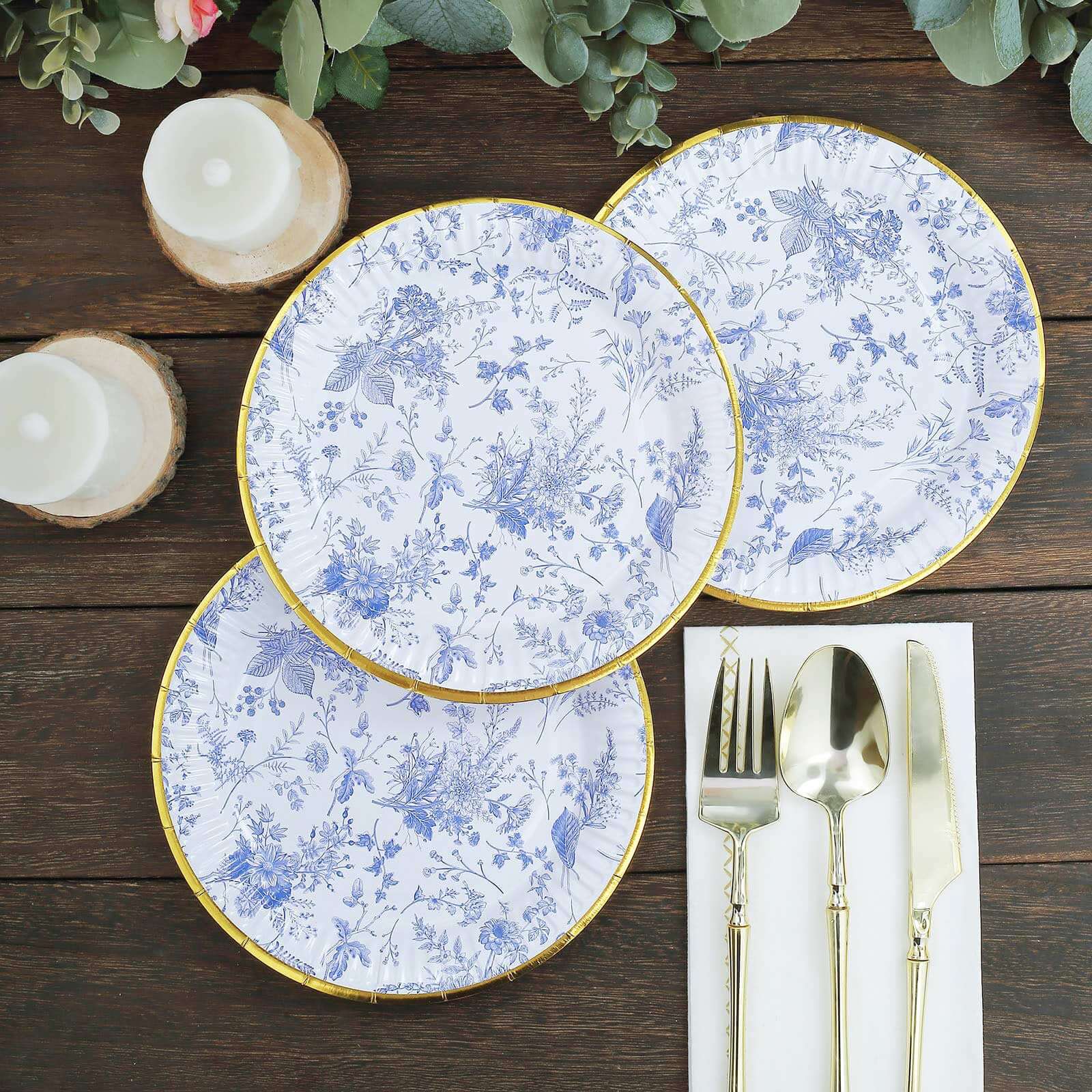 Hot Deal! 25-Pack Disposable 7-Inch Round White Dessert Plates with Light Blue French Toile & Gold Rim