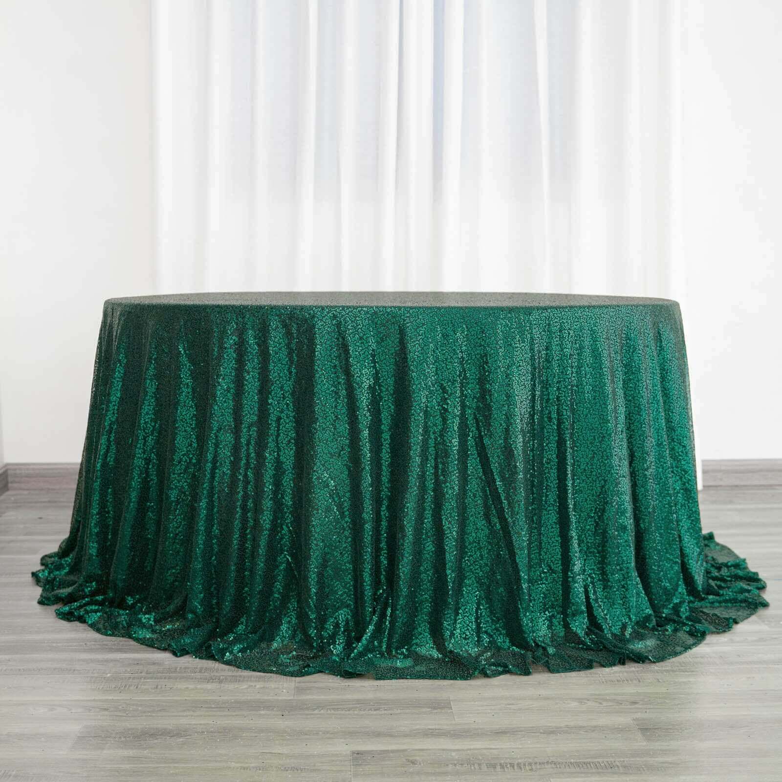 Hunter Emerald Green Seamless 132' Round Sequin Tablecloth - Dazzling Table Cover