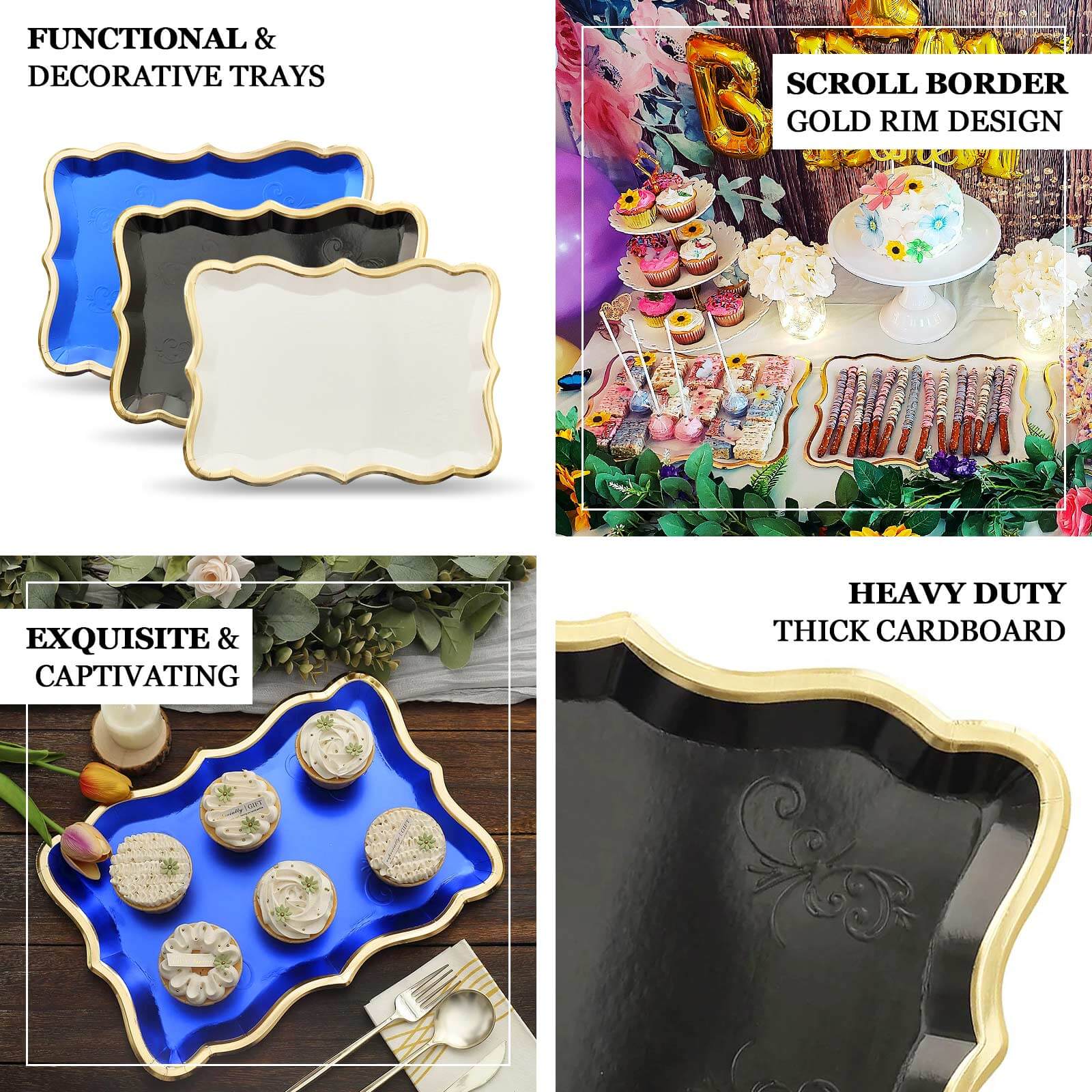 10-Pack Heavy Duty 400GSM White Cardboard Serving Trays with Gold Rim for Weddings & Parties