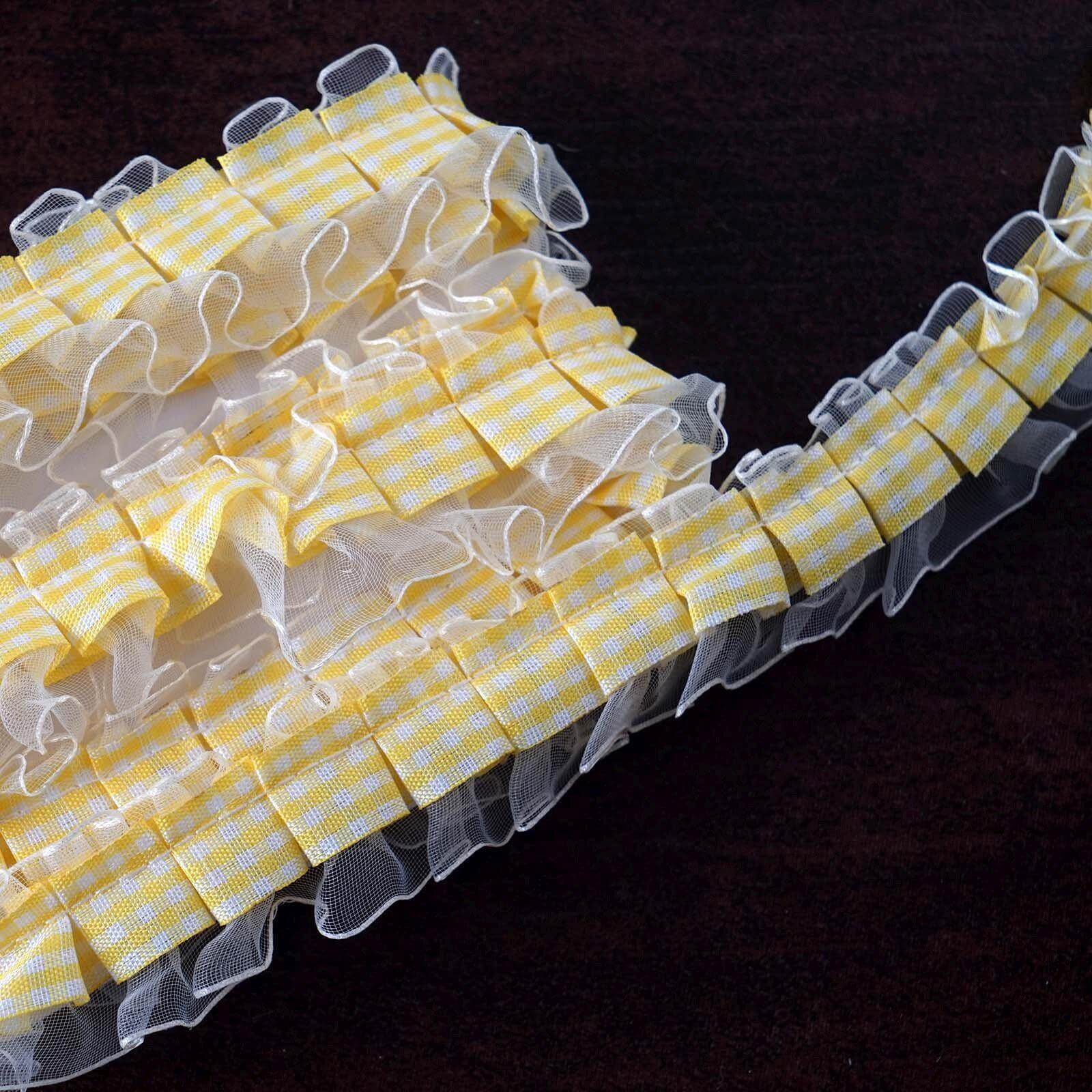 25 Yards 1-Inch Ivory Double-Layer Ruffled Lace Trim with Satin-Edged Organza and Gingham Polyester