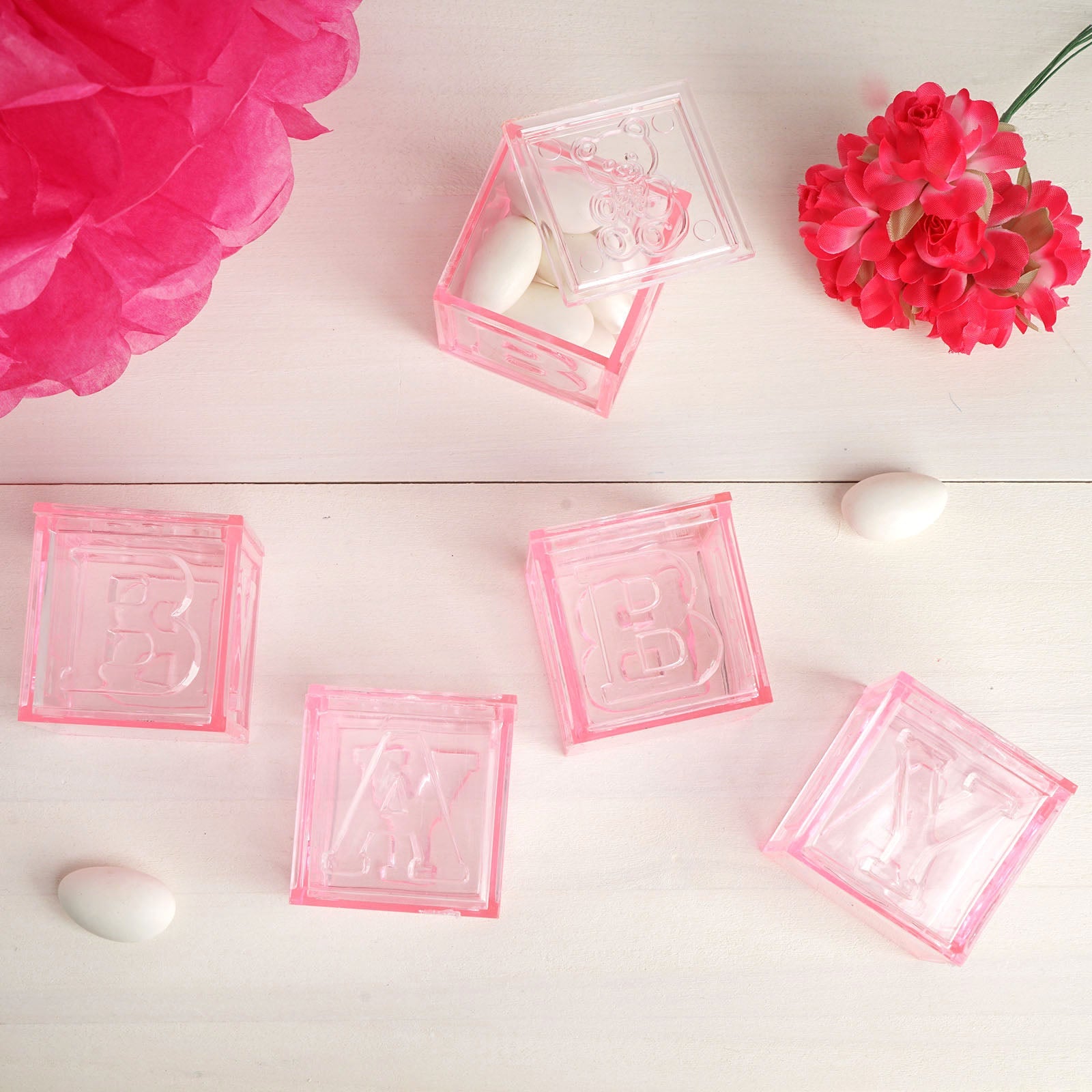 Hot Sale! 12-Pack Pink Plastic Fillable Baby Shower Candy Gift Boxes in Transparent Baby Blocks Shape
