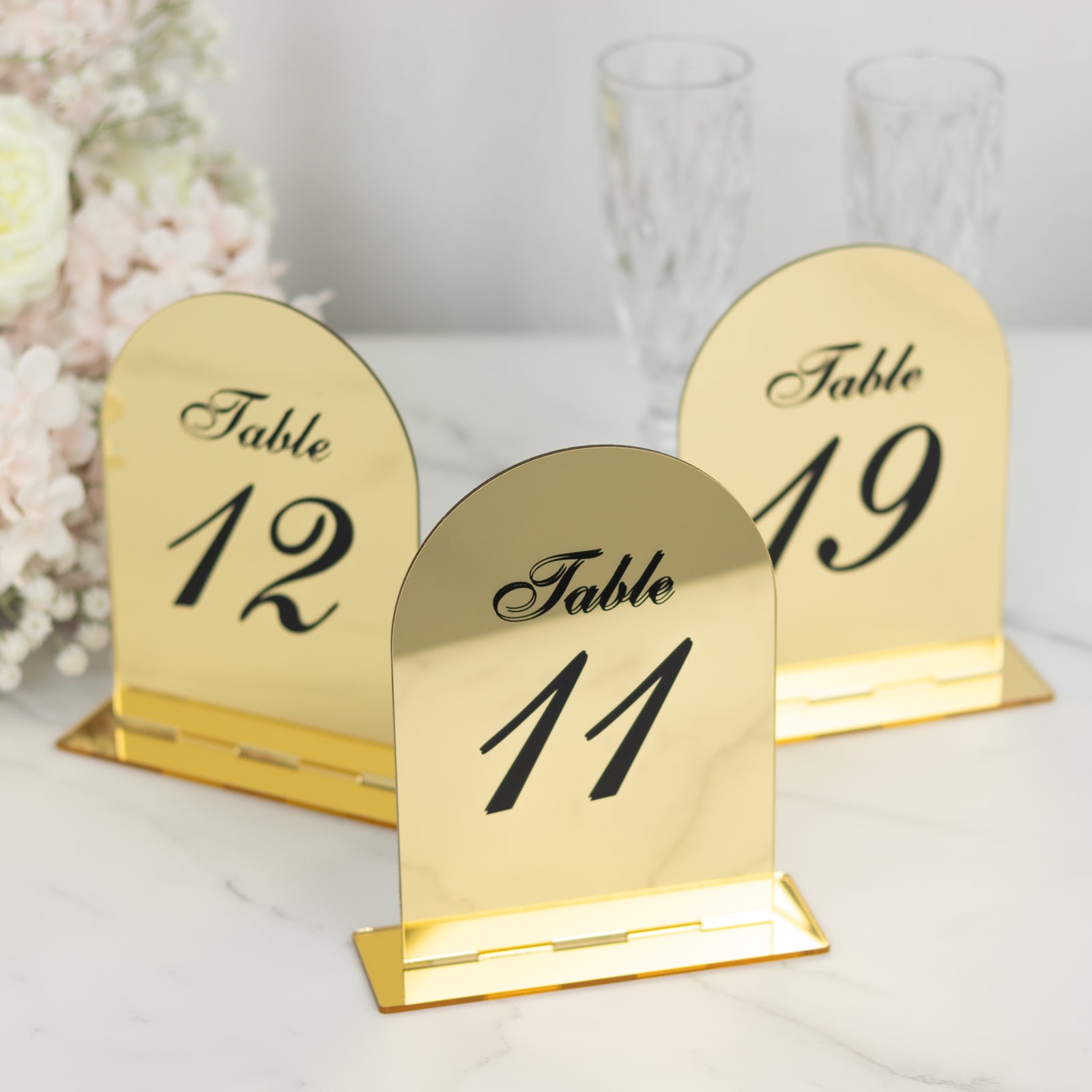 Gold Mirror Arch Acrylic Wedding Table Numbers (11 - 20) - 6x7 Signs with Black Print & Stands