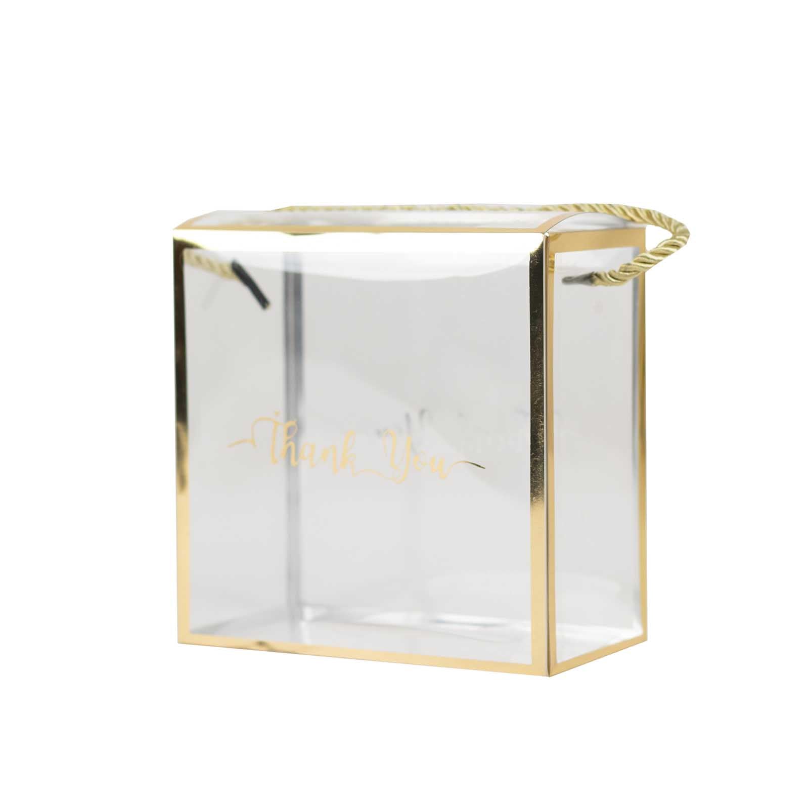 25-Pack Gold-Trimmed Clear PVC Portable Candy Favor Boxes with Rope Handles and 'Thank You' Print