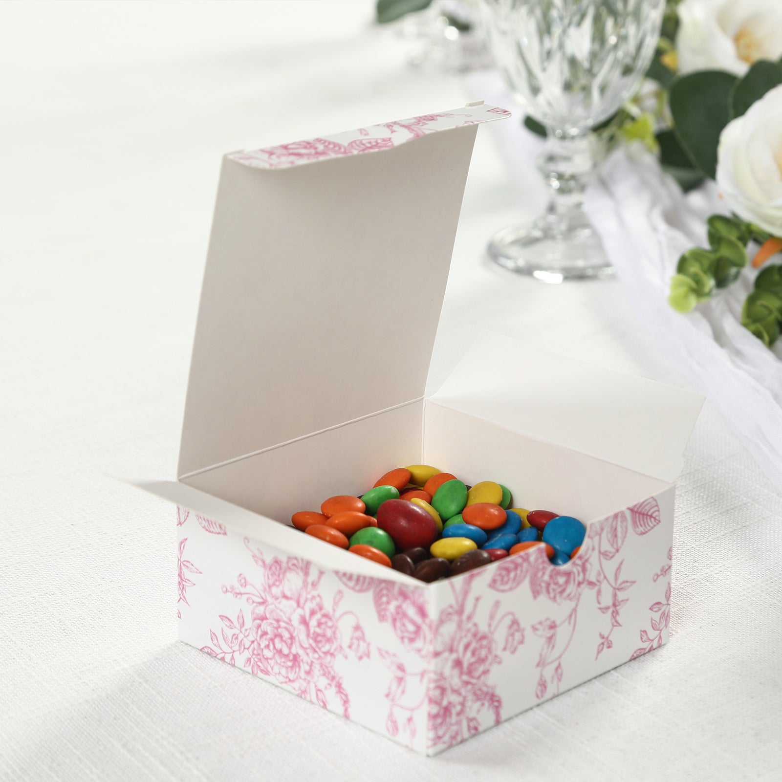 Get 25-Pack Matte Pink & White French Toile Pattern Cardstock Party Favor Candy Gift Boxes (4x4x2)