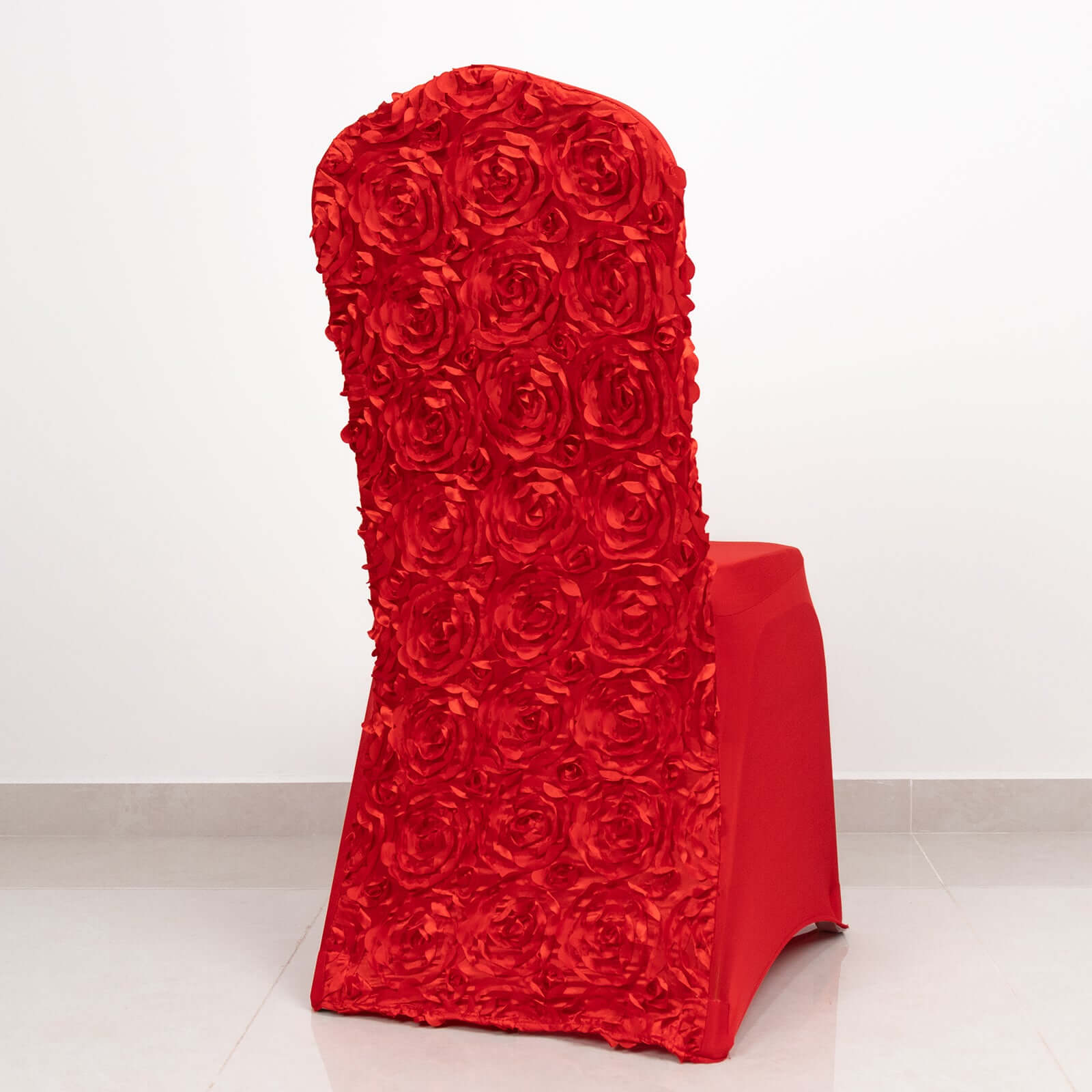 Red Satin Rosette Stretch Slip-On Cover for Banquet Chairs - Great Value!
