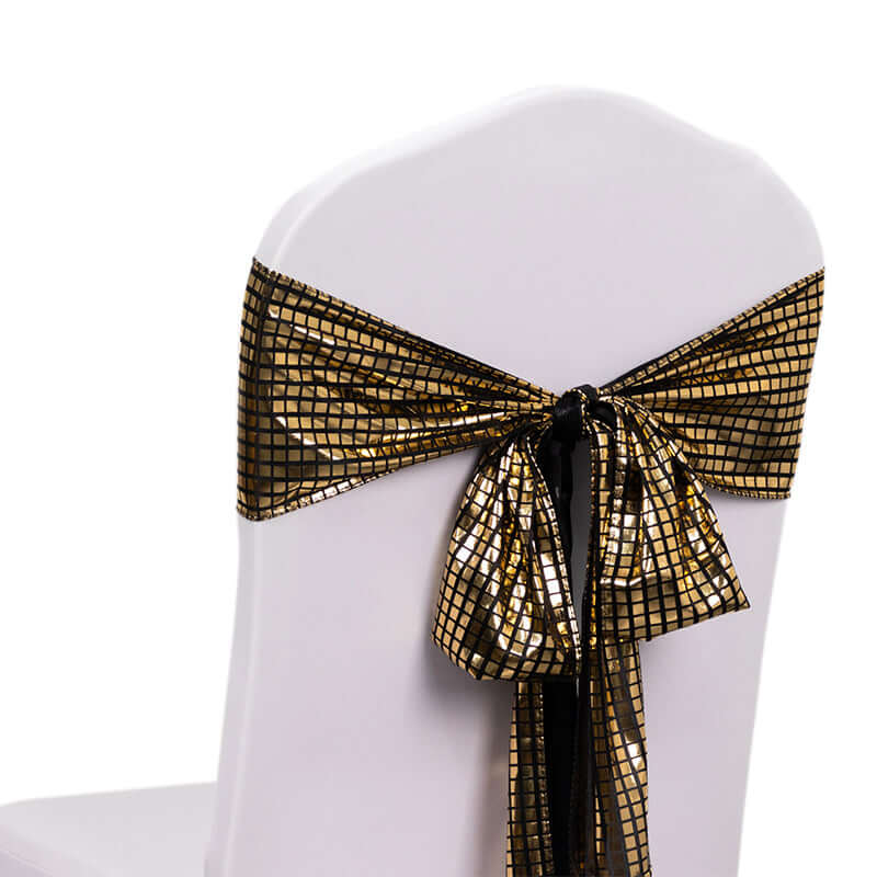 Hot Deal! 5-Pack Black/Gold Shiny Foil Polyester Chair Sashes for Disco Events