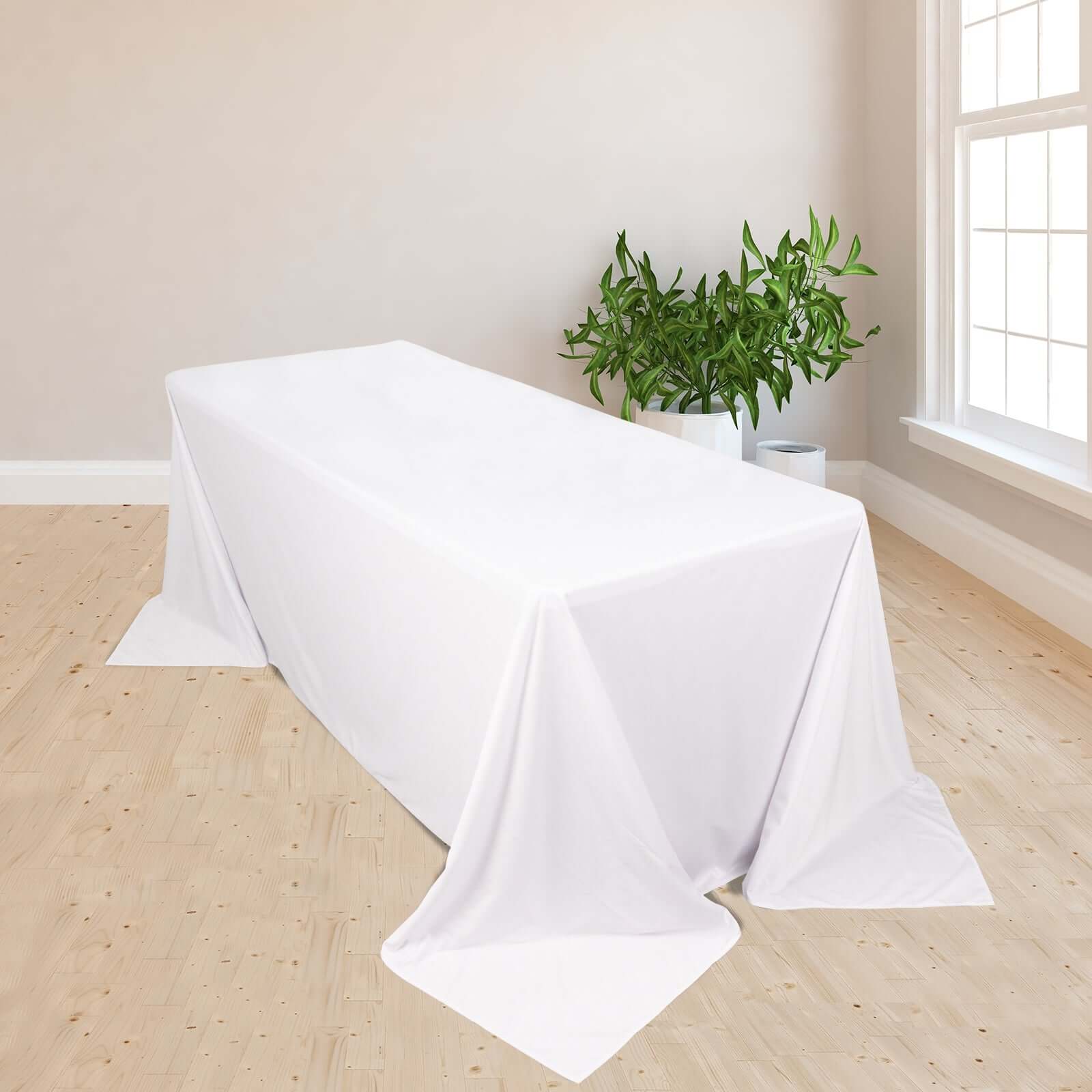White Premium Seamless Scuba Polyester Tablecloth - 90x132, Wrinkle & Stain Free for Weddings & Parties