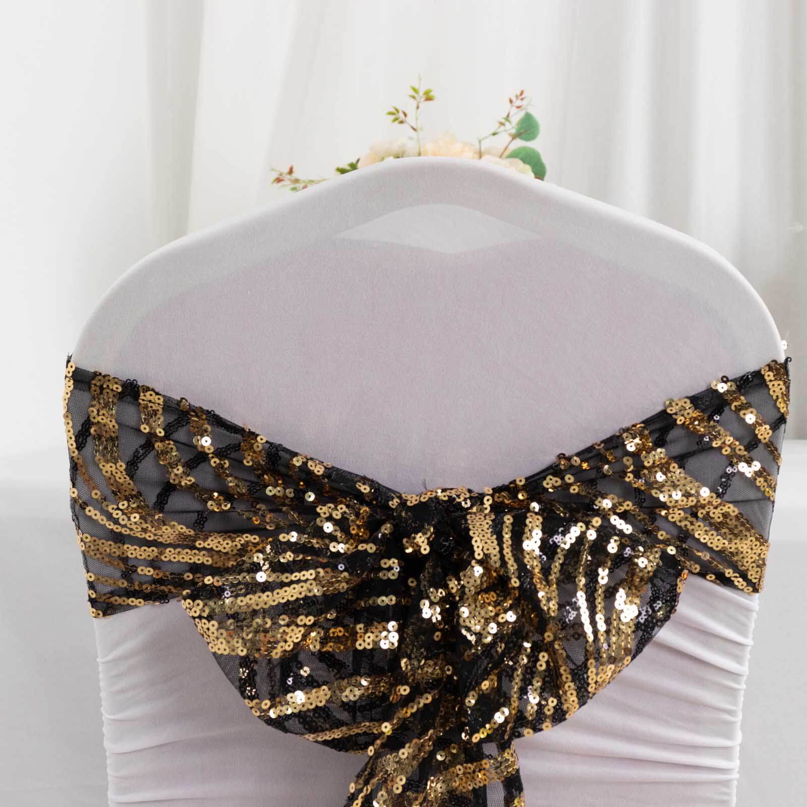 Set of 5 Black/Gold Wave Embroidered Sequin Chair Sashes - Elegant Wedding Decor