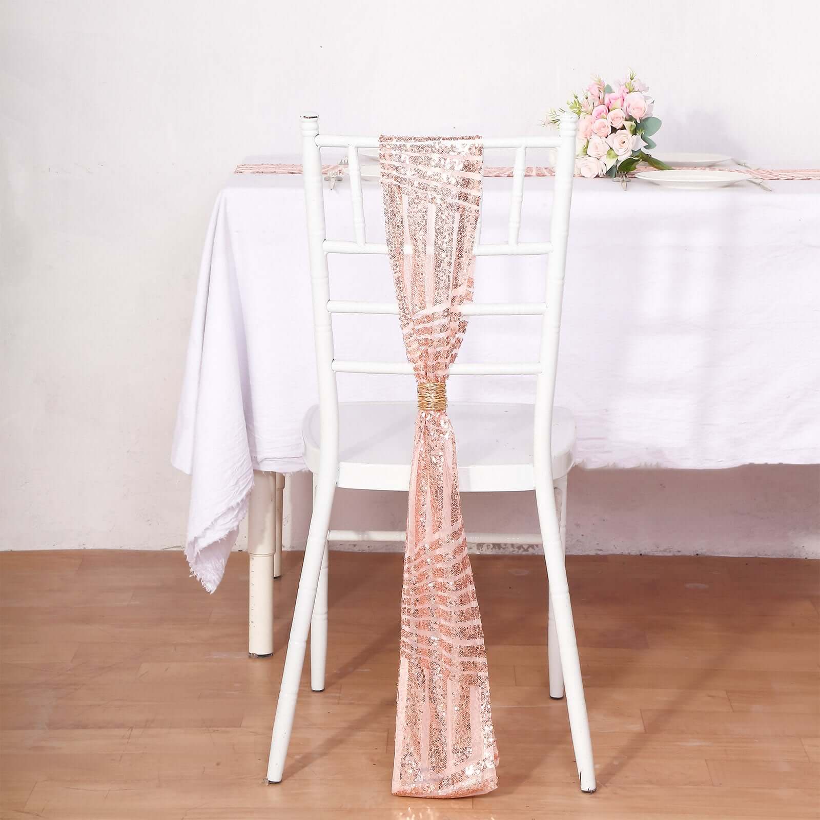 5-Pack Rose Gold Glitz Sequin Chair Sashes with Diamond Design - Exclusive Offer