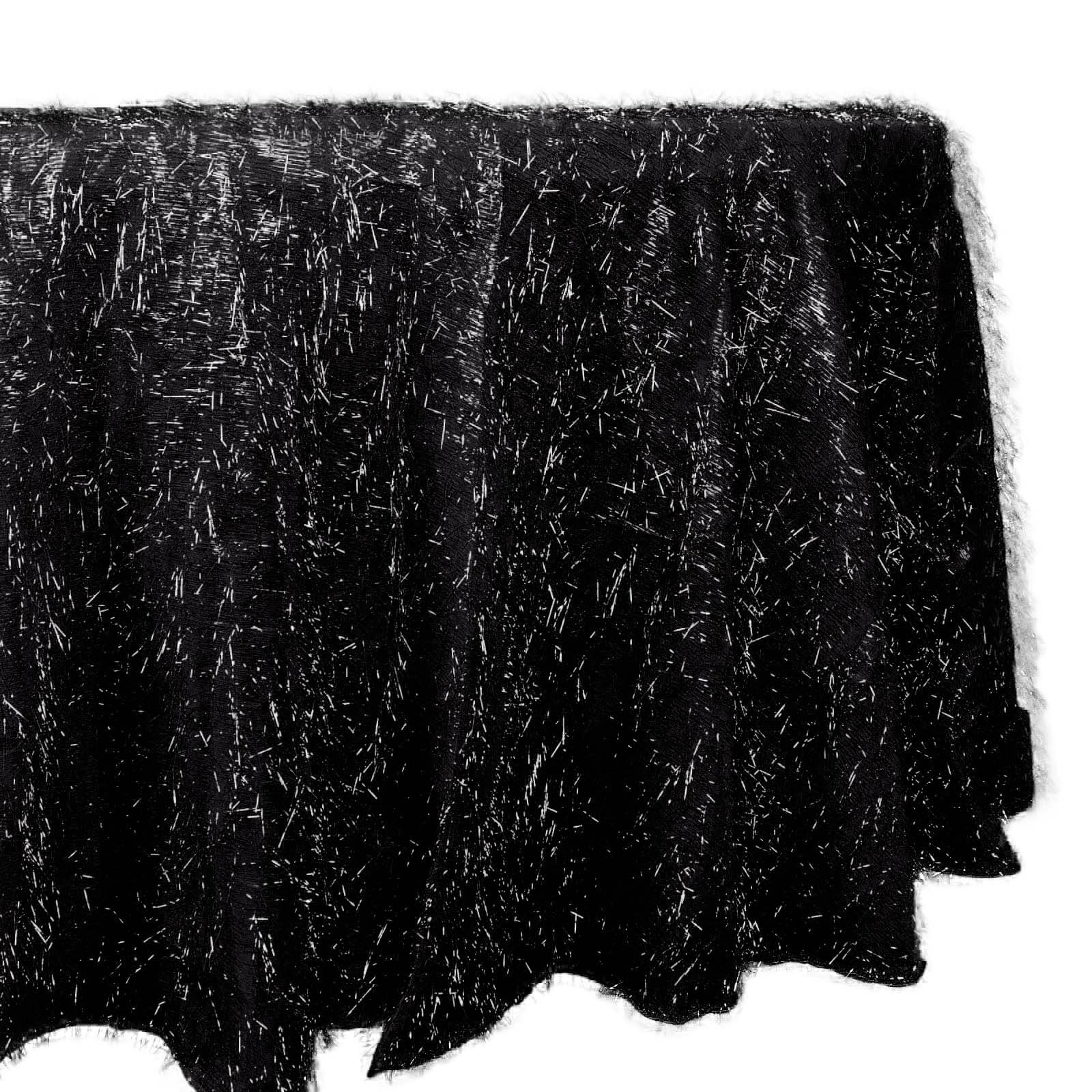 Exclusive Polyester 120-Inch Round Black Tablecloth with Metallic Fringe Shag Tinsel for Events