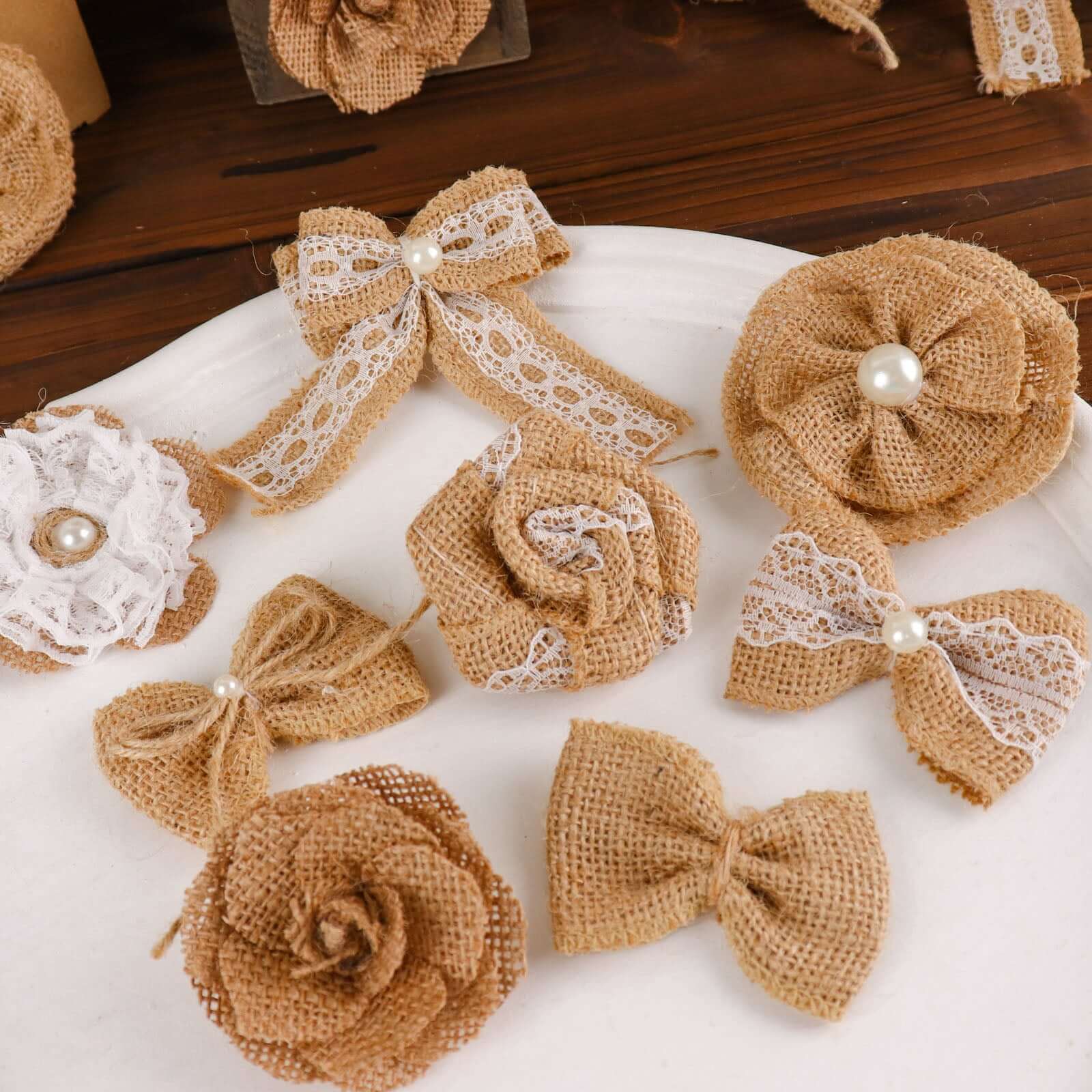 24 Pcs Natural Burlap Flower and Bow Set with Lace Ribbon, 8 Assorted Styles, 30 Sticker Dots Included
