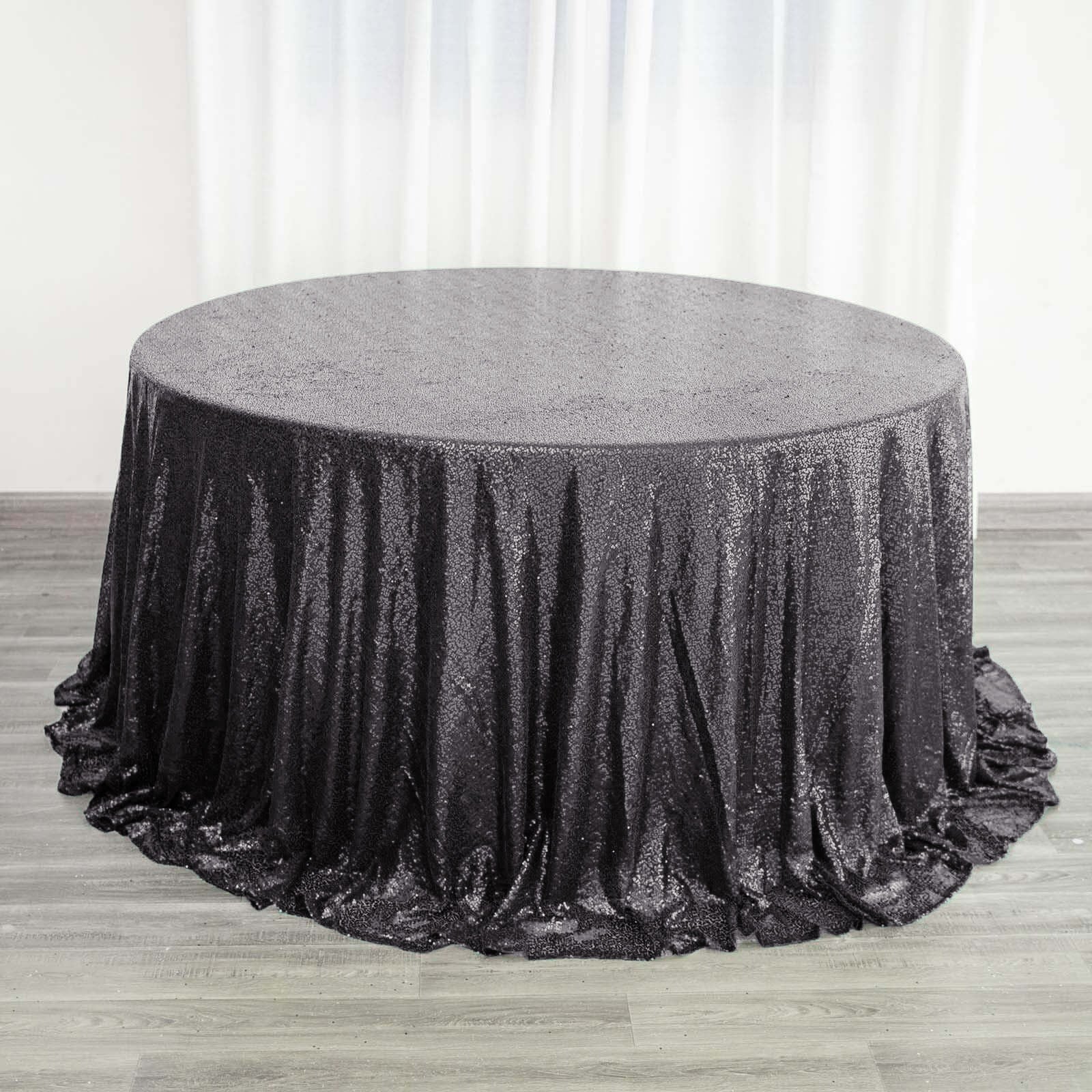 Black Seamless 132-inch Round Sequin Tablecloth for Stunning Decor