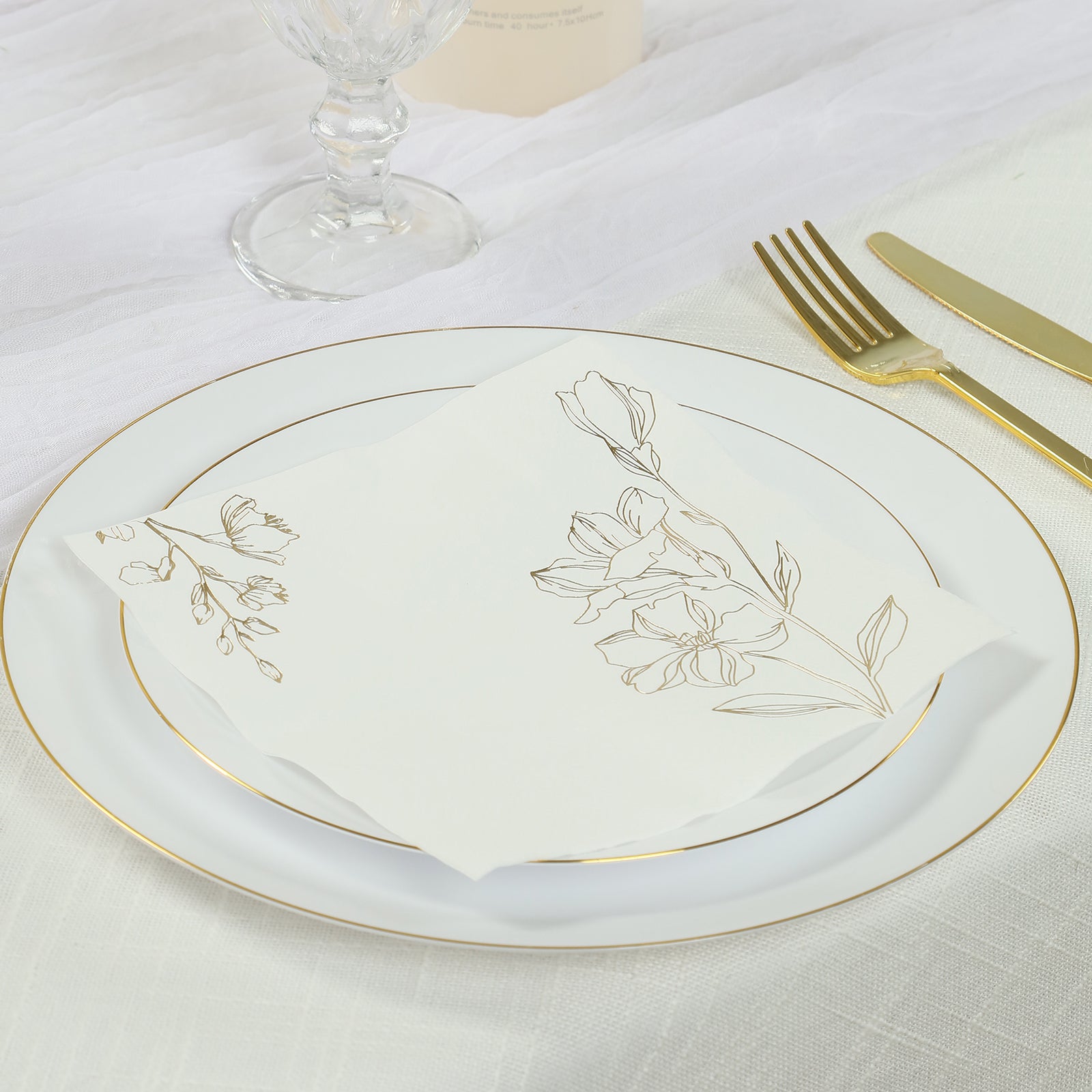 50-Pack 2-Ply Absorbent White Paper Cocktail Napkins with Gold Lily Flower Prints