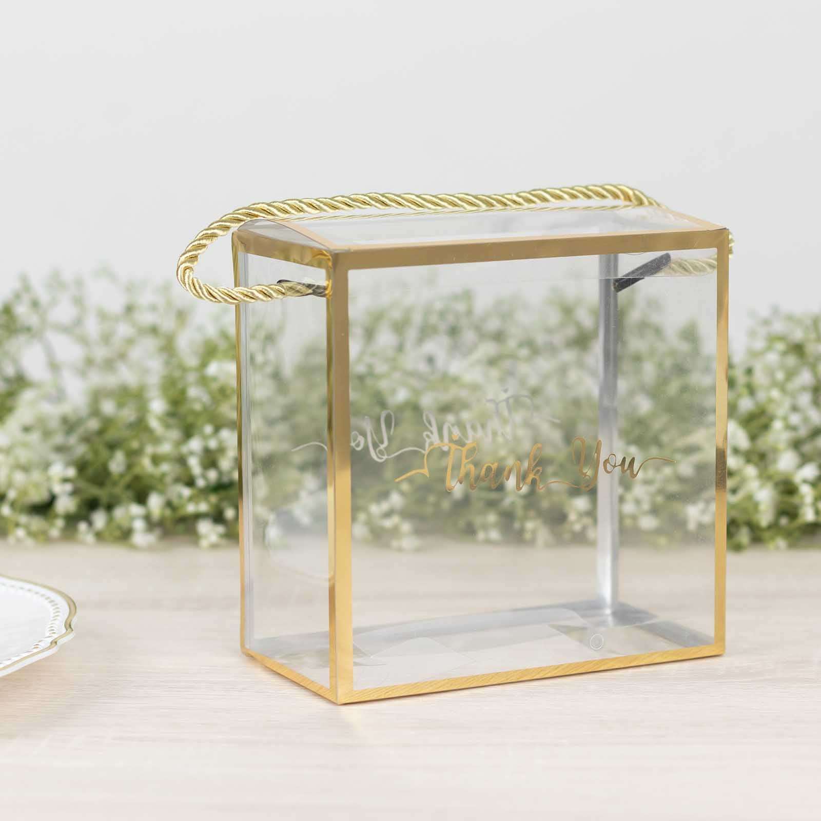 25-Pack Gold-Trimmed Clear PVC Portable Candy Favor Boxes with Rope Handles and 'Thank You' Print