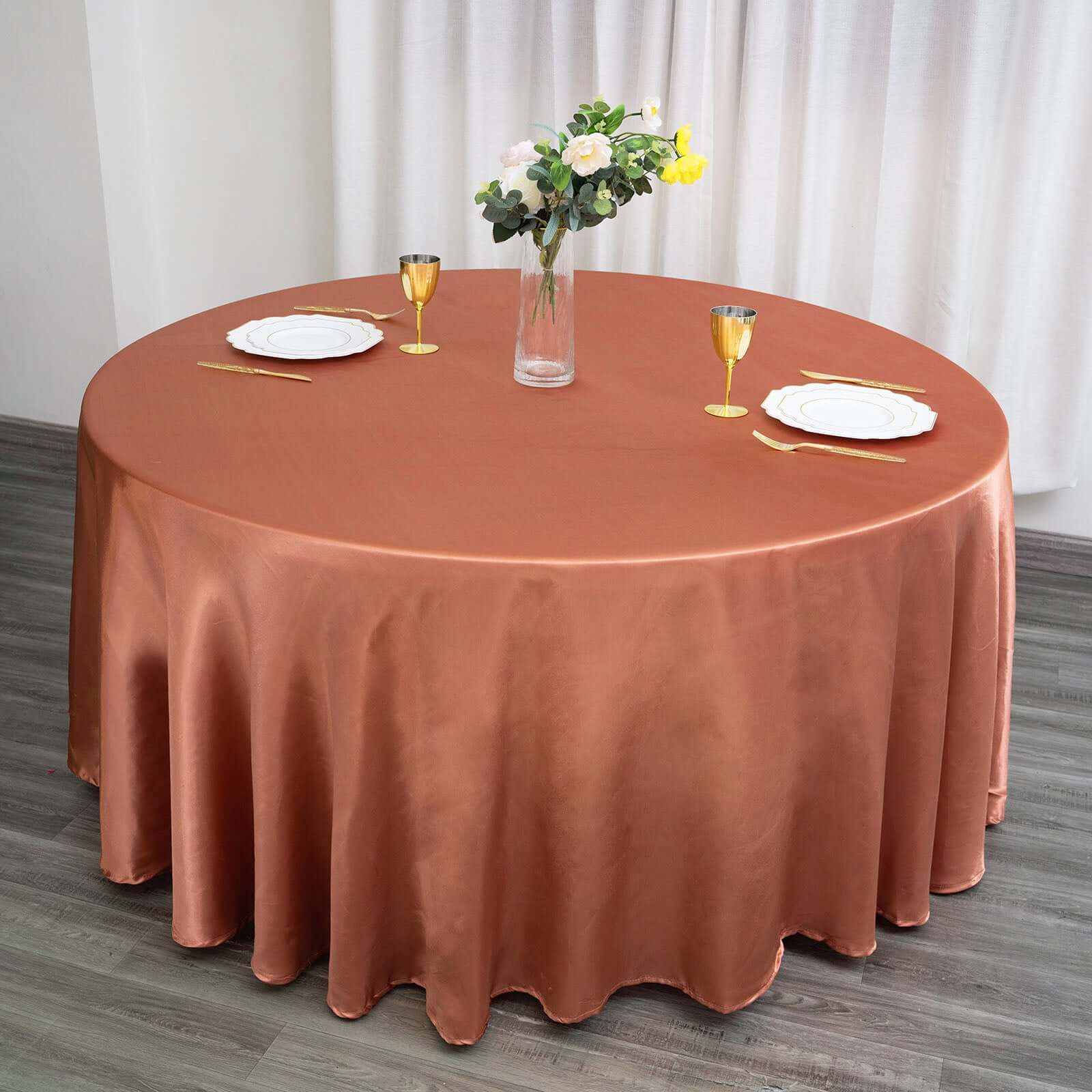 Stylish Seamless 120' Round Terracotta (Rust) Satin Tablecloth