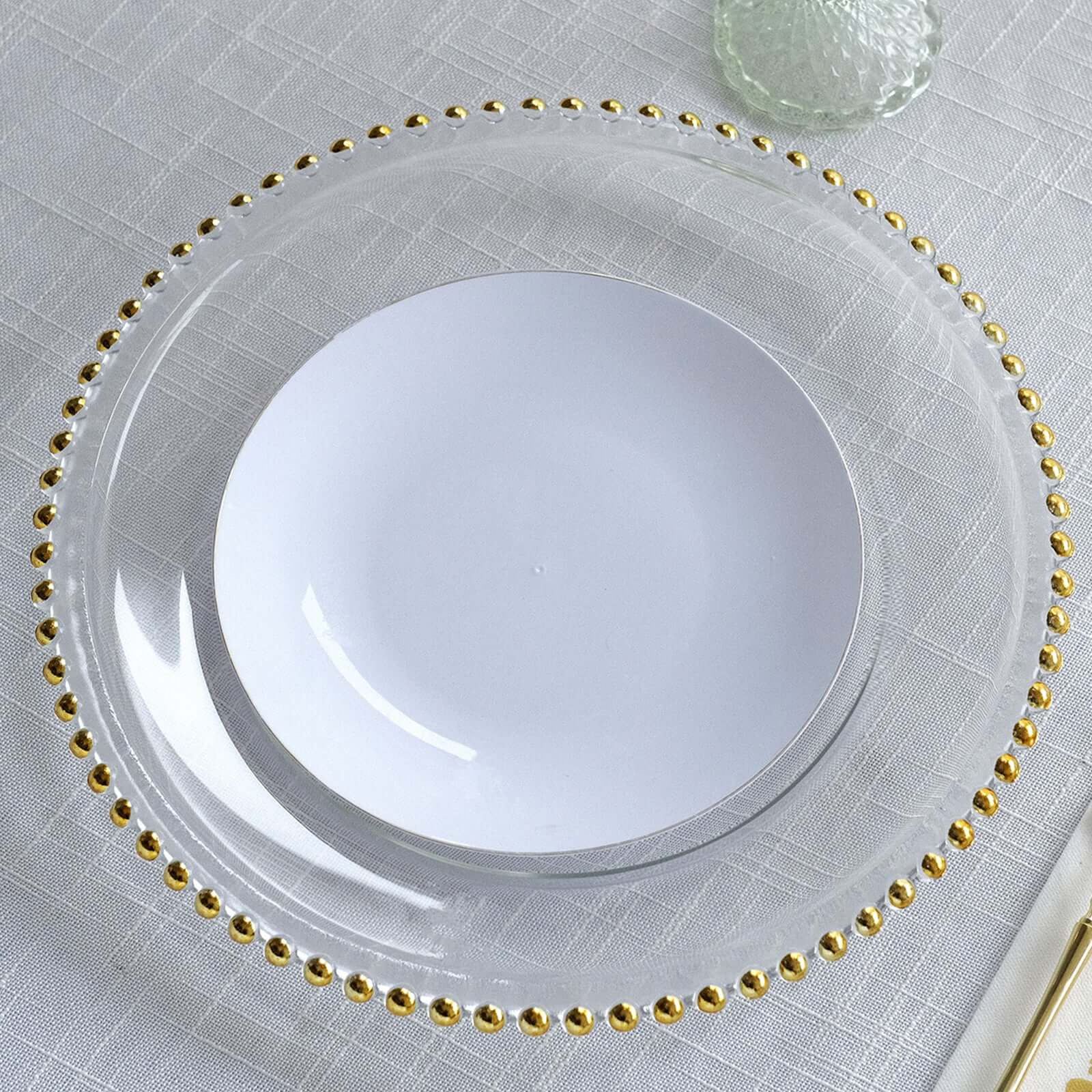 12-Inch Gold Glass Round Charger Plates with Beaded Rim, Set of 8 for Event Decor