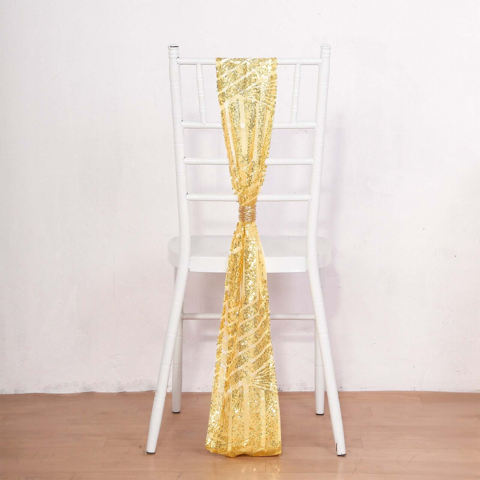 Hot Deal! 5-Pack Gold Glitter Sequin Chair Sashes with Geometric Diamond Design for Weddings