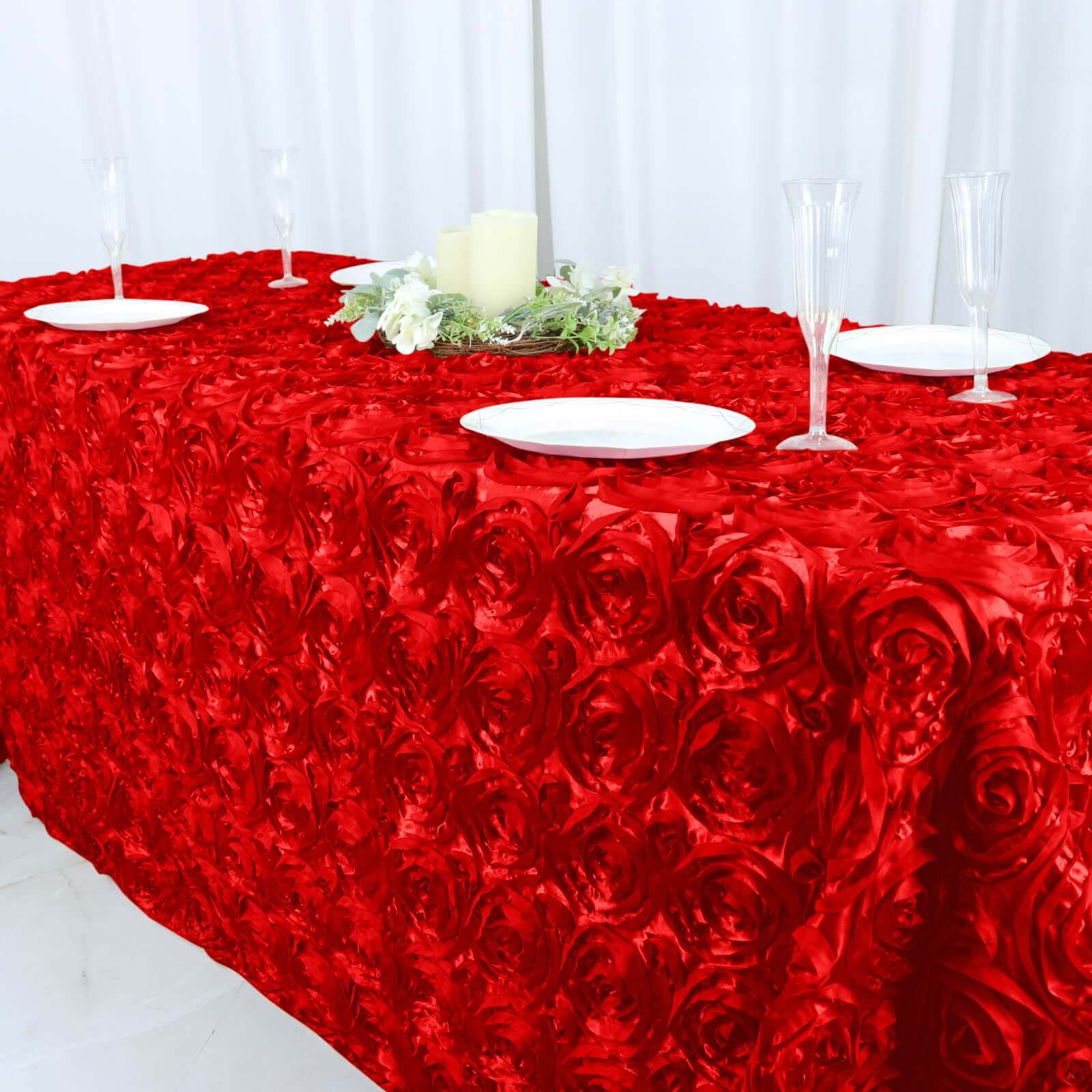 Hot Deal! Red Satin 90x132 Rectangle Tablecloth with 3D Rosette