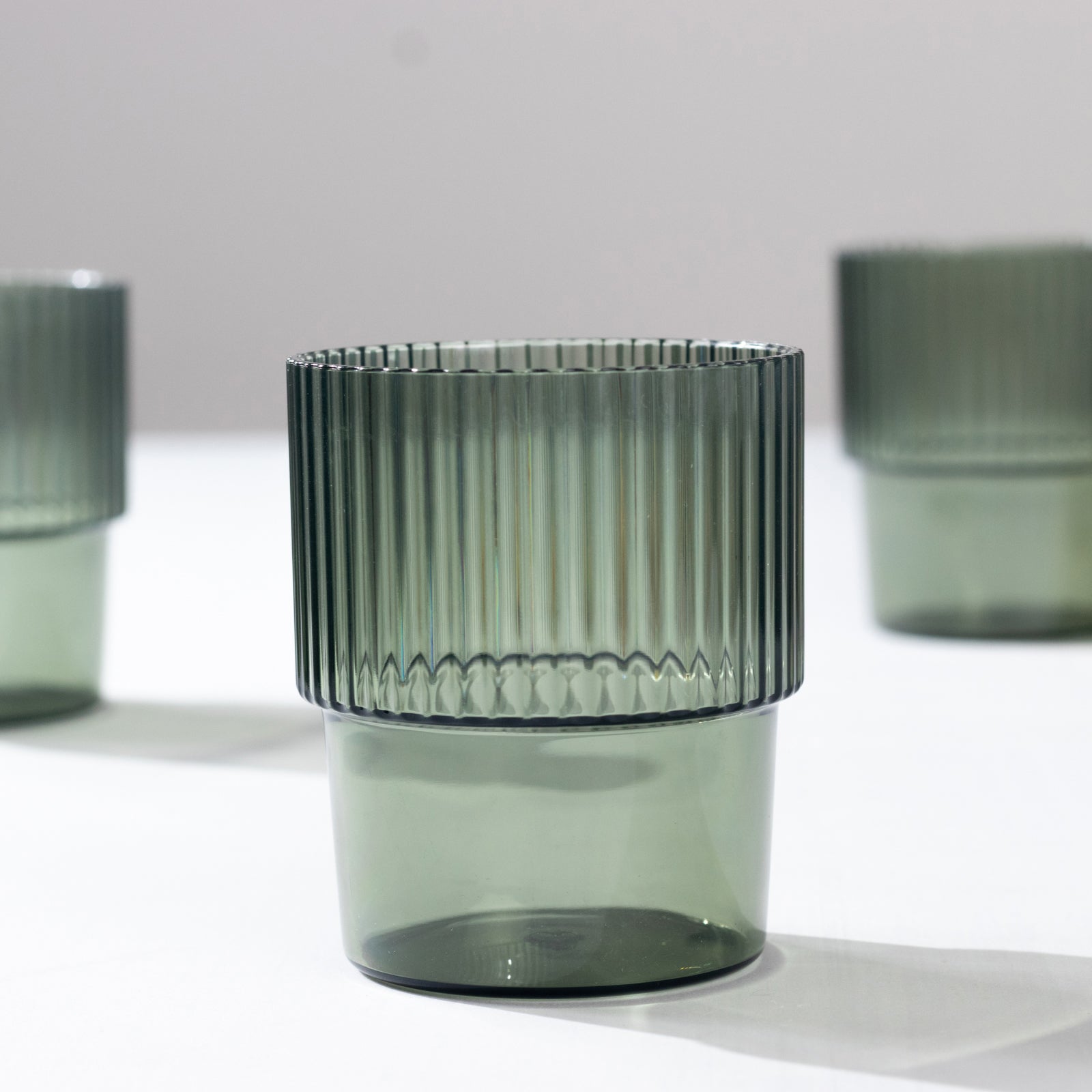 12-Pack Stackable 7oz Reusable Plastic Short Drinking Glasses in Hunter Emerald Green with Ribbed Pattern - Great Value!