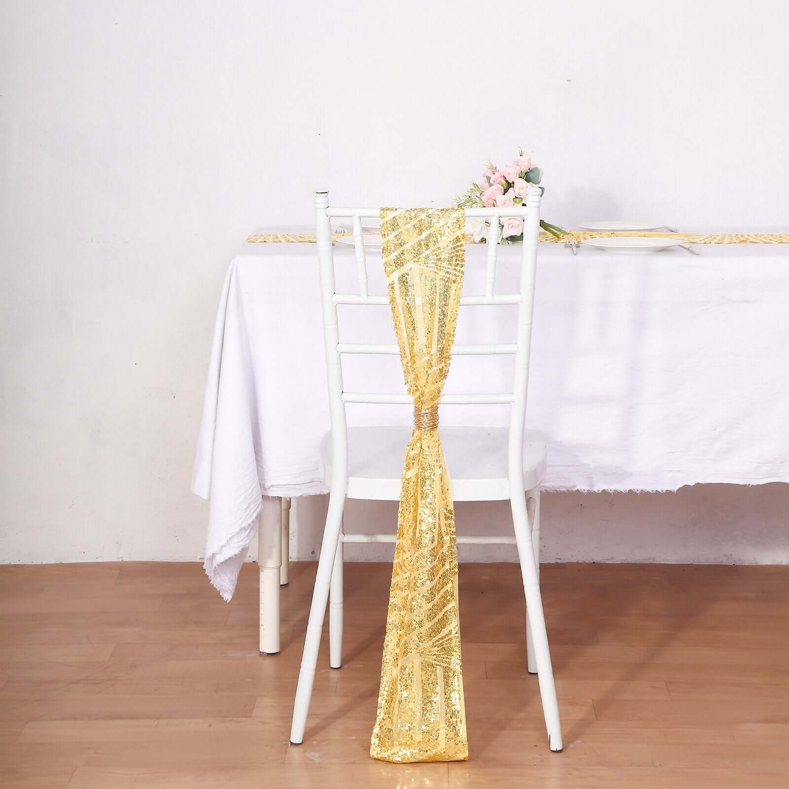 Hot Deal! 5-Pack Gold Glitter Sequin Chair Sashes with Geometric Diamond Design for Weddings