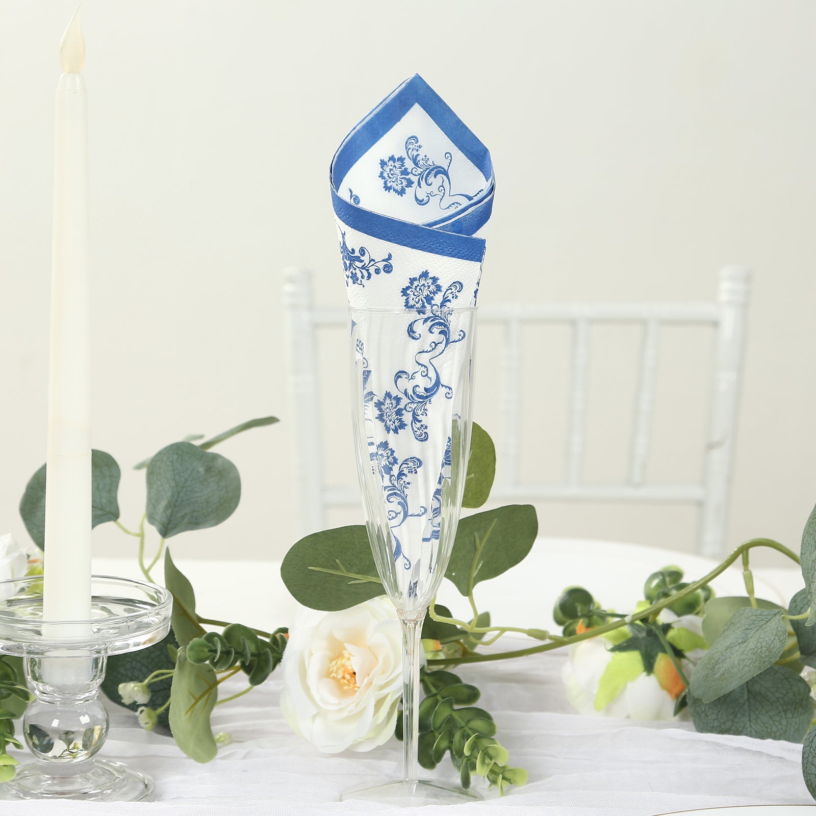 50-Pack Disposable 2-Ply Paper Cocktail Napkins in White & Royal Blue Damask - Soft & Highly Absorbent