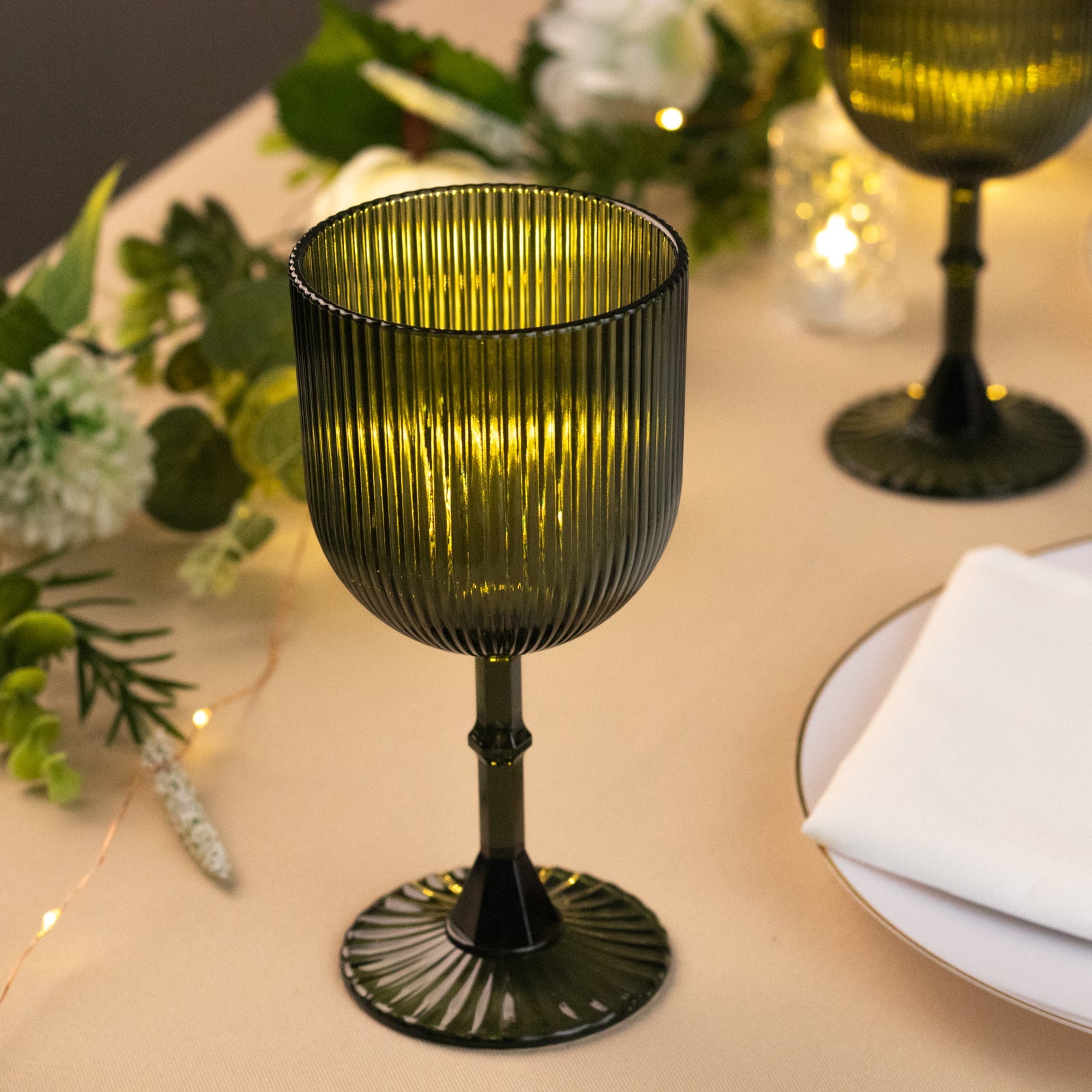 12-Pack 9oz Reusable Shatterproof Vintage Ribbed Hunter Emerald Green Plastic Goblets - Ideal for Parties