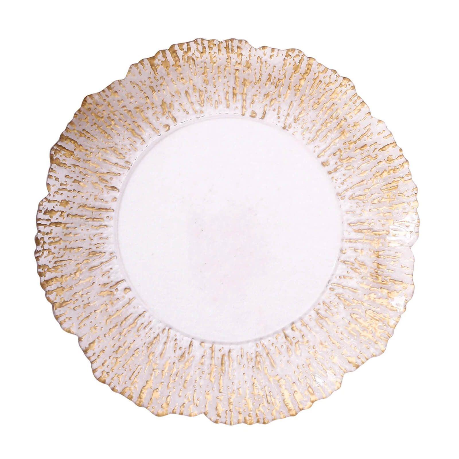 Hot Sale! 6-Pack 12-Inch Clear Plastic Round Charger Plates with Gold Brushed Scalloped Reef Rim for Party Serving