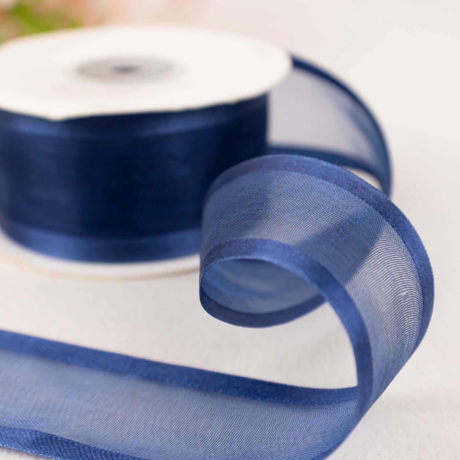 Premium 25-Yard 1.5-Inch Navy Blue Sheer Organza Ribbon with Satin Edges for Decor