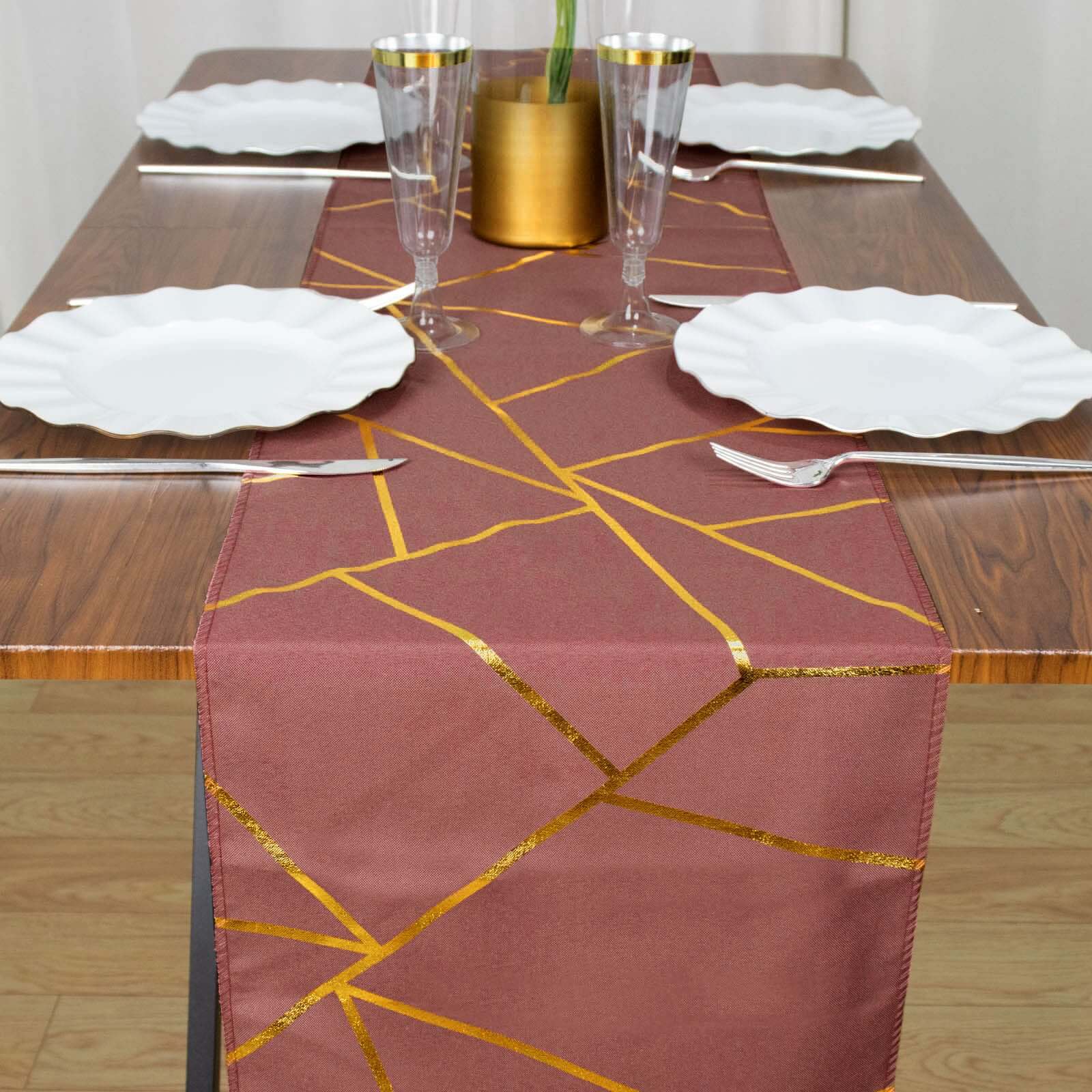 Hot Sale! 9ft Polyester Table Runner in Cinnamon Rose with Gold Foil Geometric Design