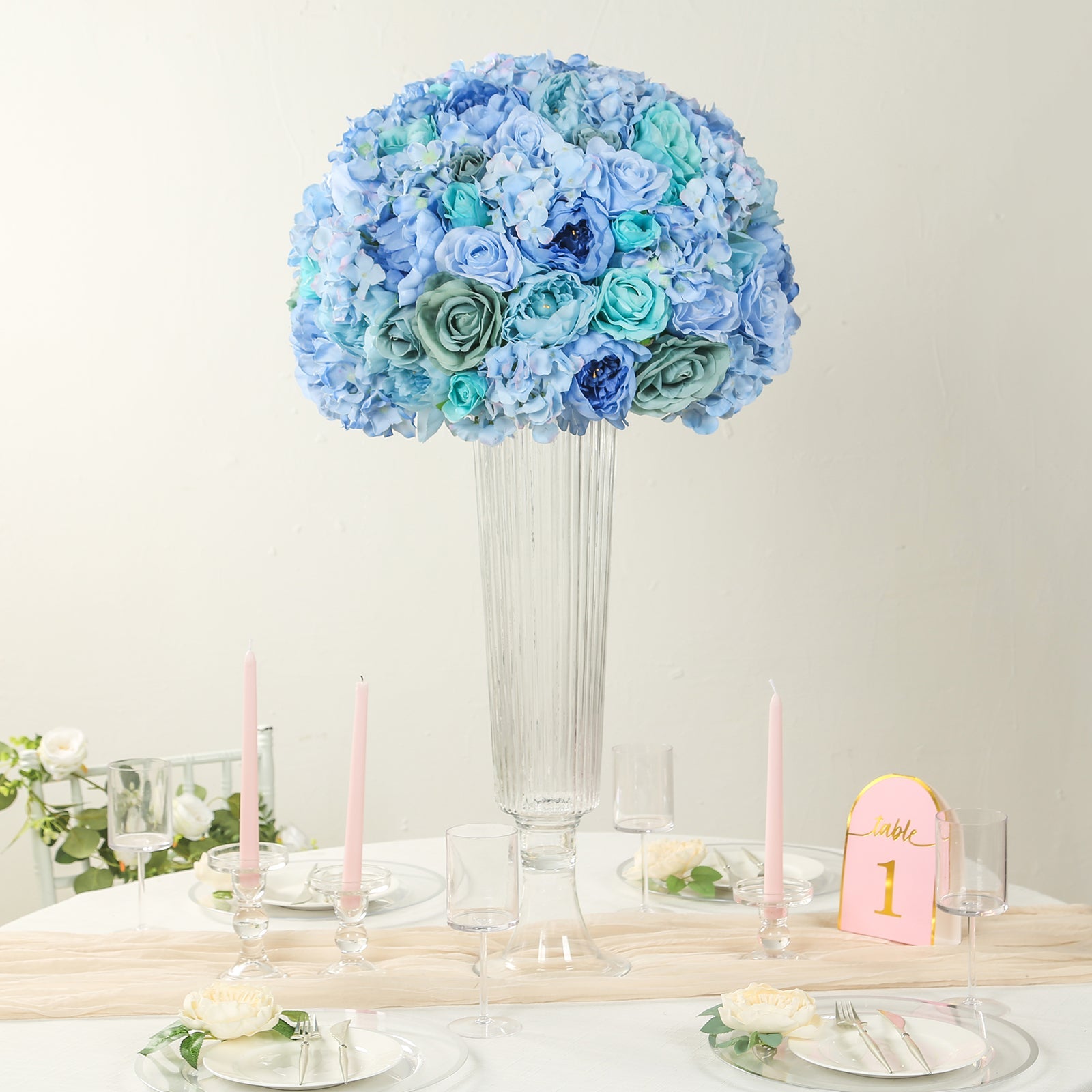 Large Pre - Arranged Blue Silk Rose Flower Balls for Wedding Table Decorations