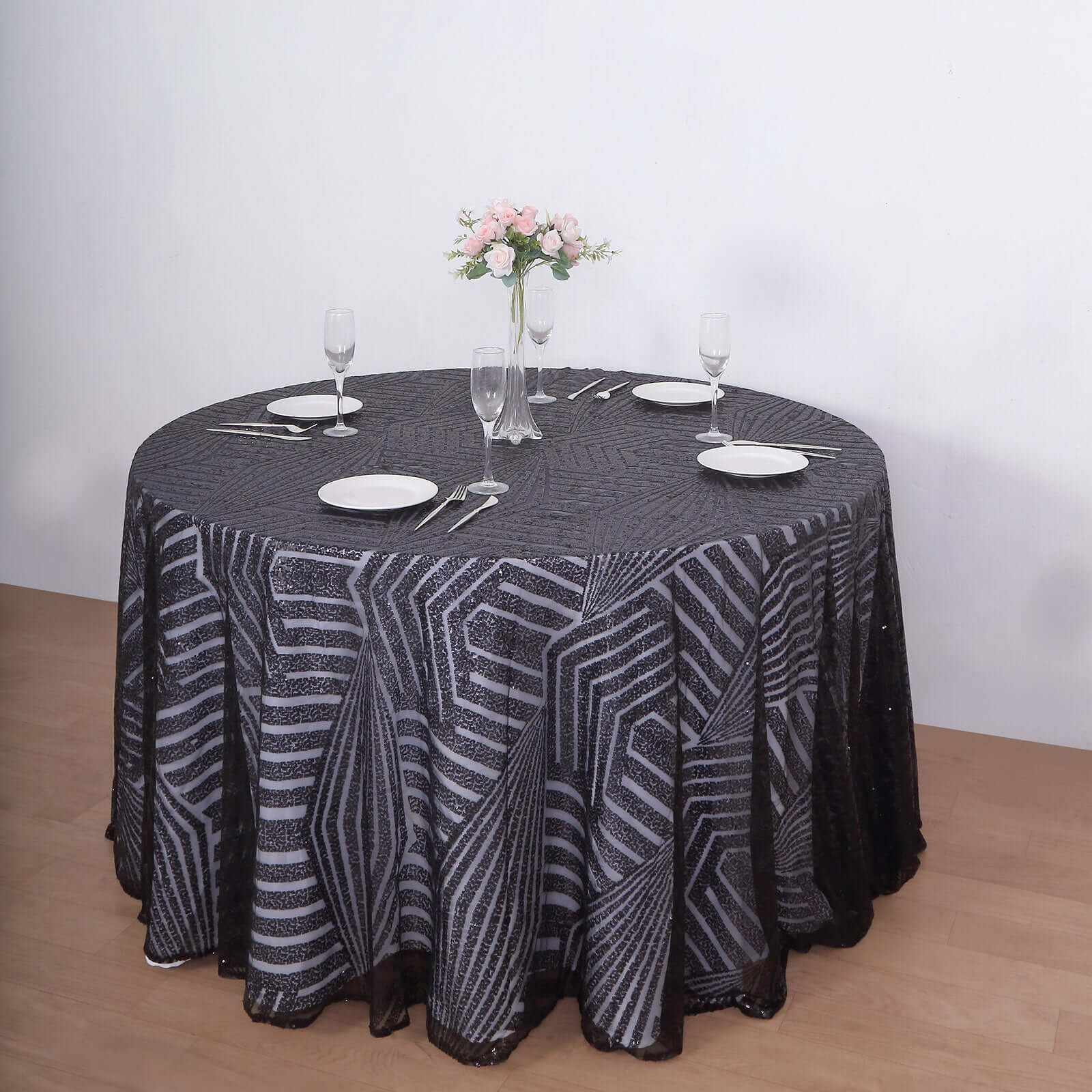 Black Seamless Diamond Glitz 120 Round Sequin Tablecloth - Perfect for Special Events