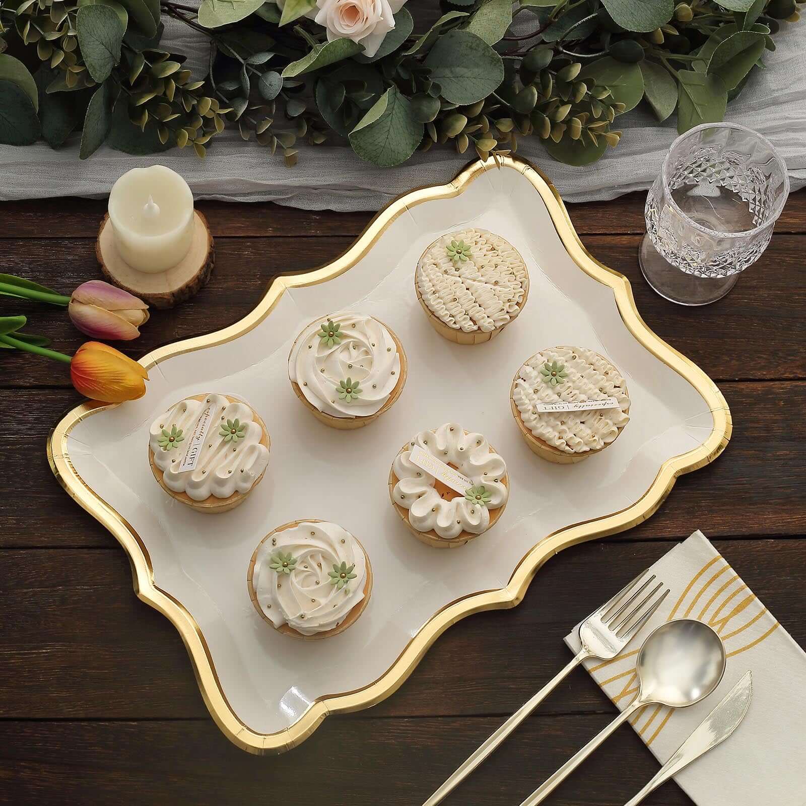 10-Pack Heavy Duty 400GSM White Cardboard Serving Trays with Gold Rim for Weddings & Parties