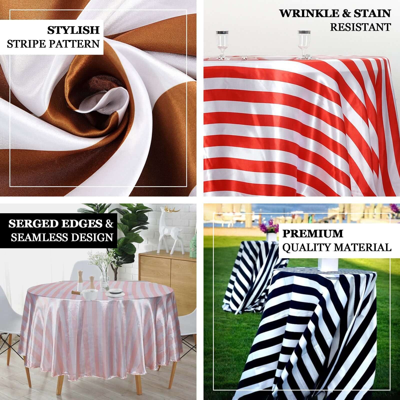 Hot Sale! 120-Inch Round Gold/White Stripe Satin Tablecloth with Seamless Smooth Finish