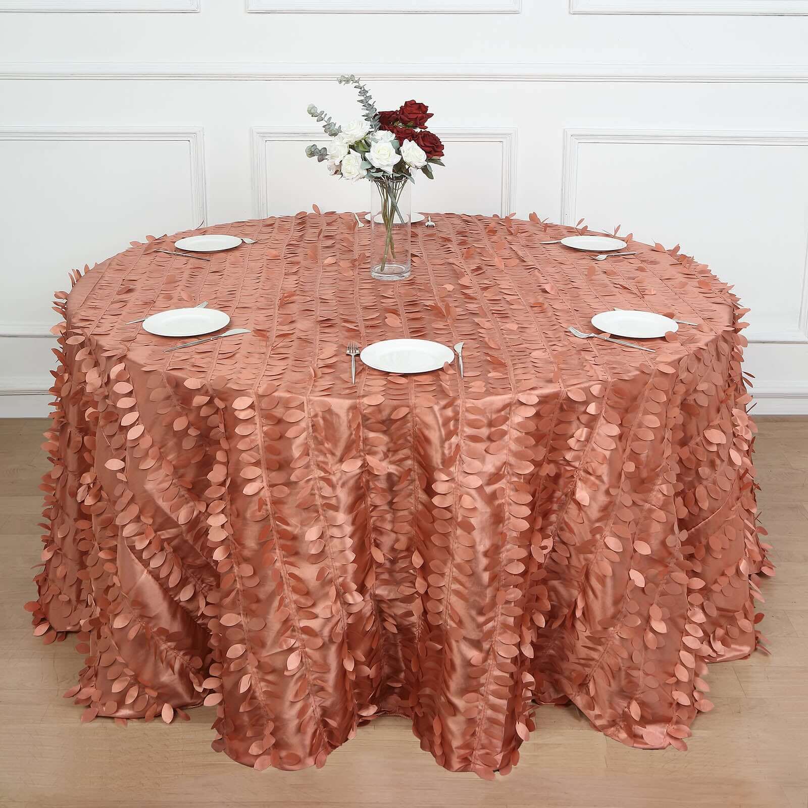 Exclusive 132' Round Taffeta Tablecloth in Terracotta (Rust) with 3D Leaf Petal Design