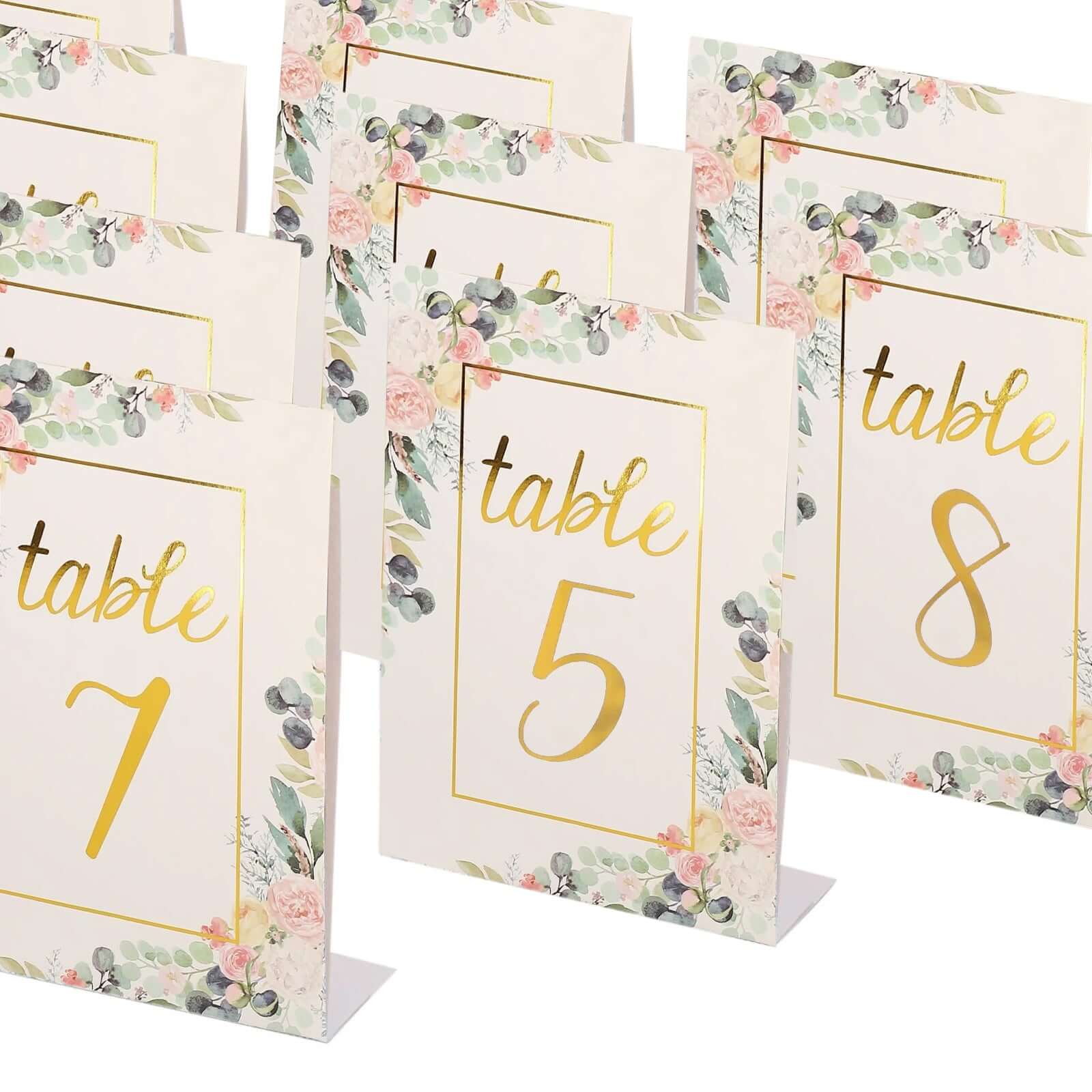 Get 25-Pack Free-Standing Double-Sided Wedding Table Numbers 1-25 with White Peony & Gold Foil Design