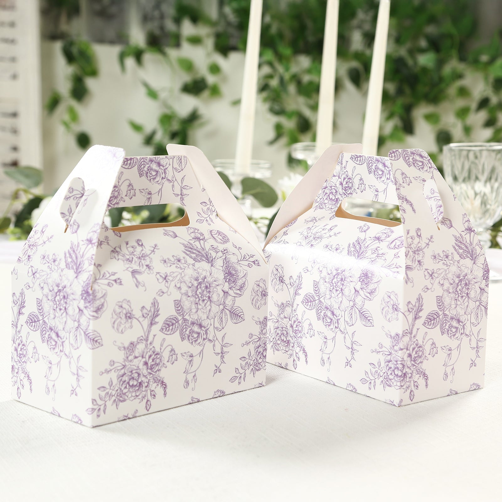 25-Pack Matte Lavender and White French Toile Pattern Candy Tote Gable Boxes in Cardstock