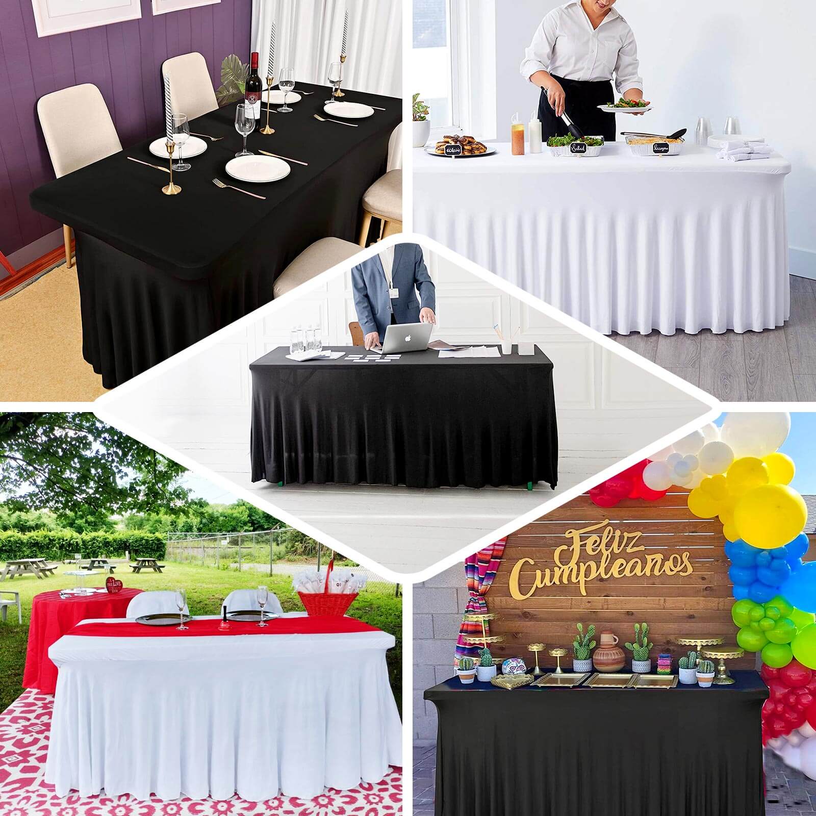 Stylish White Spandex Table Skirt with Wavy Effect for Weddings, Banquets & Trade Shows
