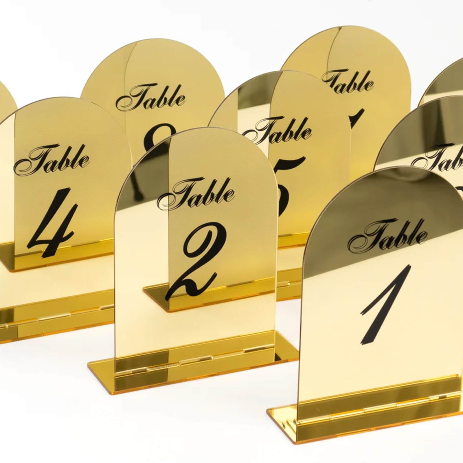 Gold Acrylic Arch Mirror Table Numbers (1 - 10) - 6x7 Wedding Reception Signs with Black Print & Stands