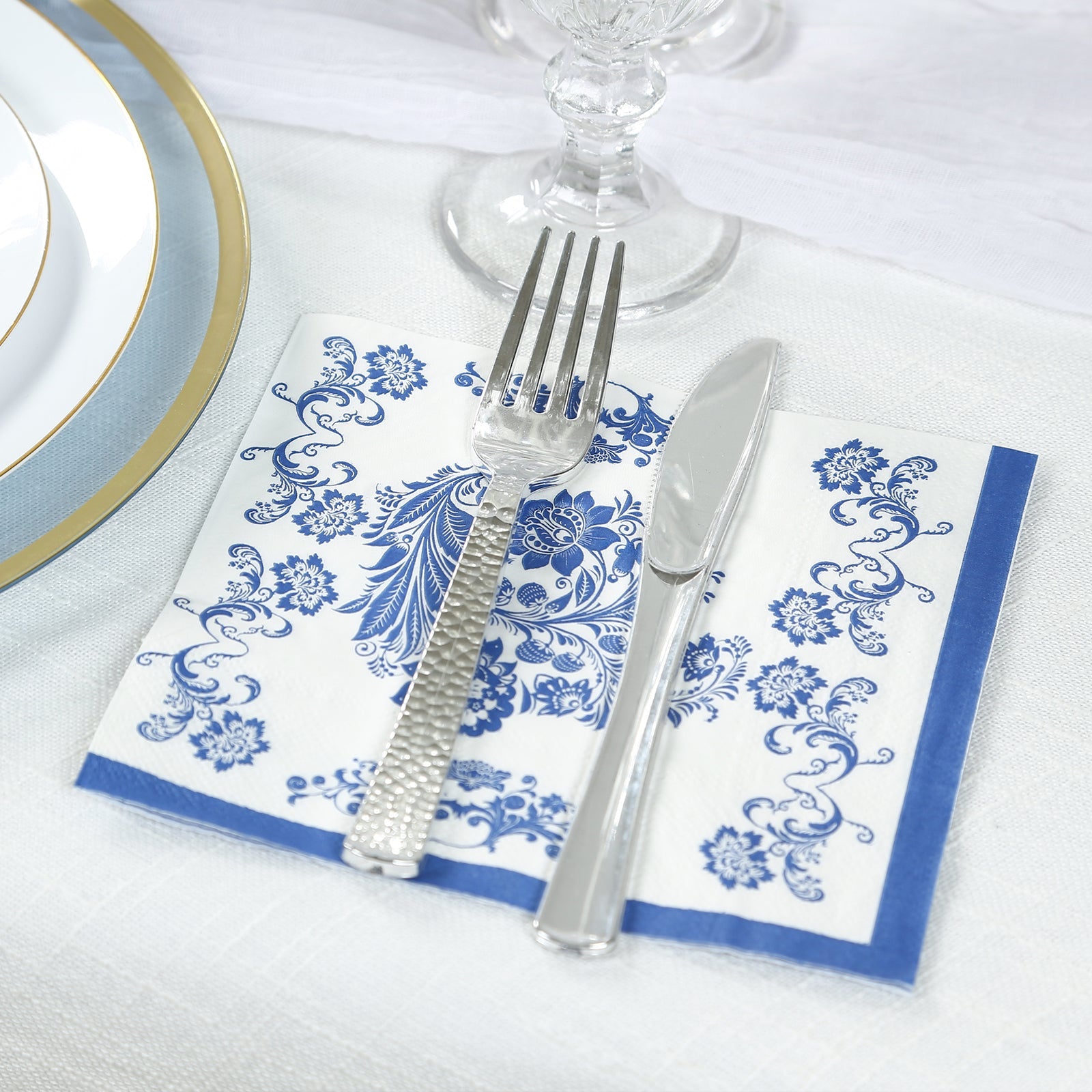 50-Pack Disposable 2-Ply Paper Cocktail Napkins in White & Royal Blue Damask - Soft & Highly Absorbent