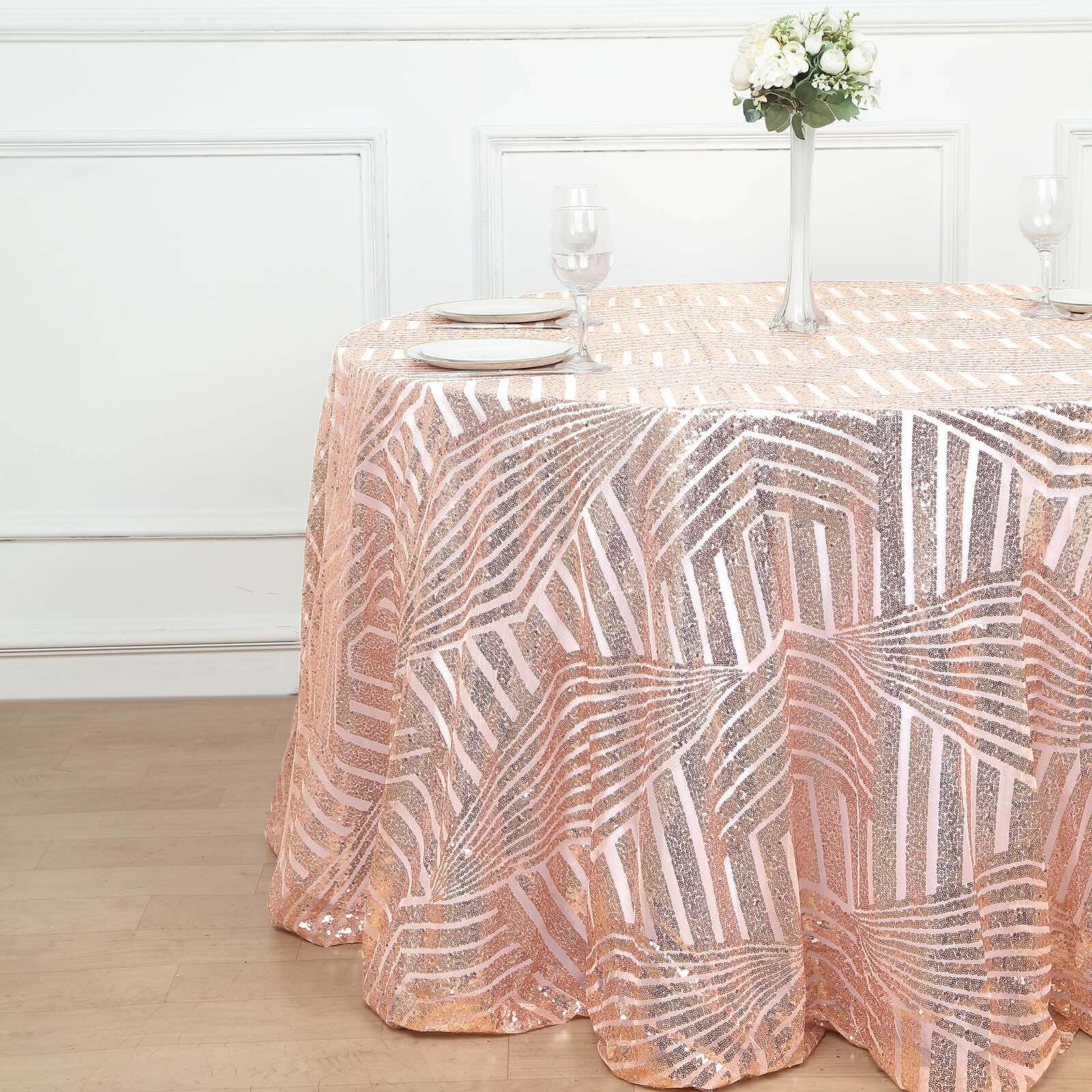 120-inch Rose Gold Seamless Sequin Round Tablecloth with Diamond Glitz